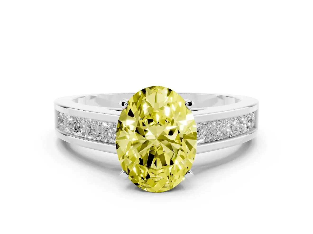 Fancy Yellow Oval Cut Diamond Solitaire Ring Set in Platinum with Channel-Set Band and Prong Setting