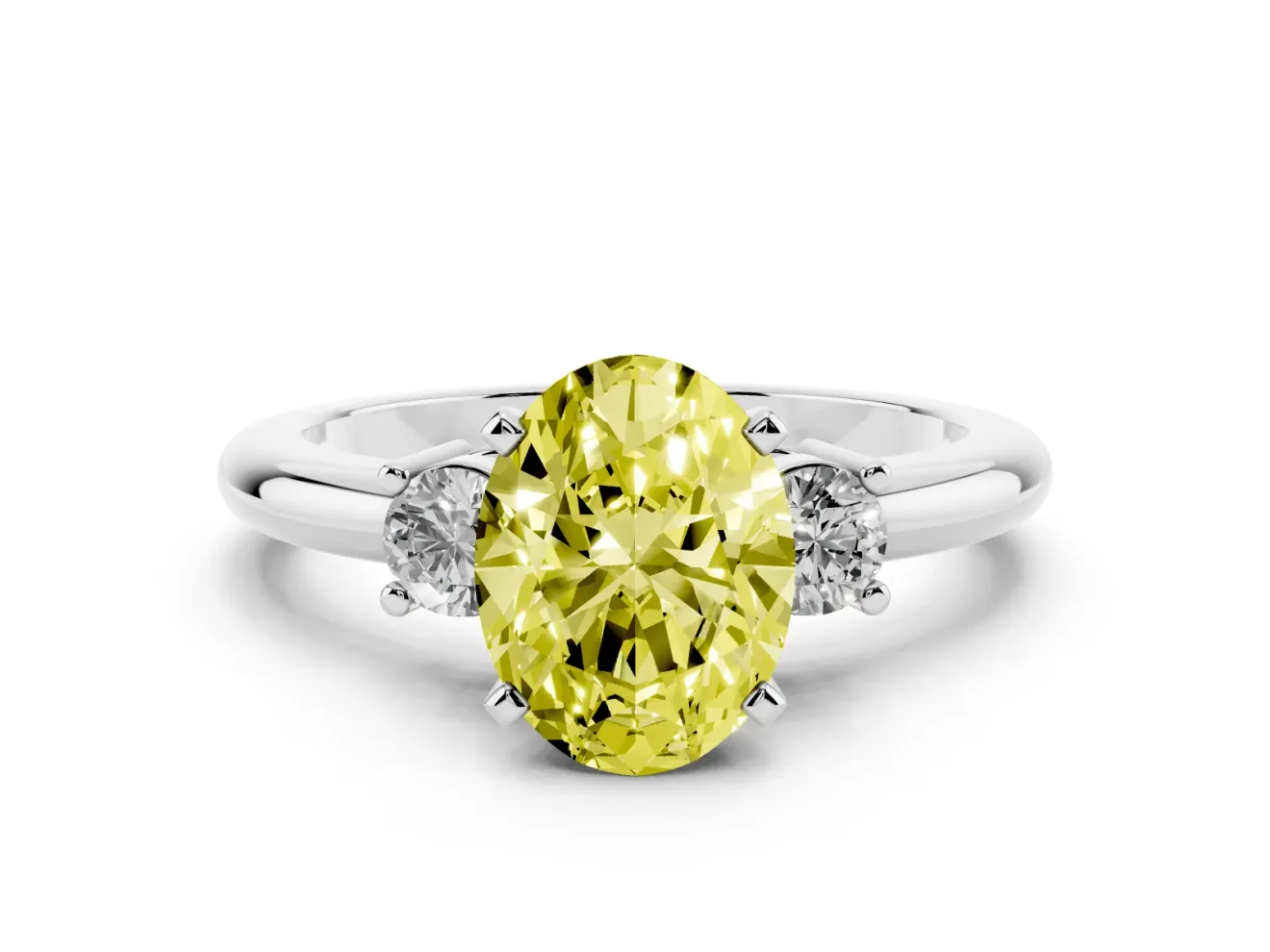 Fancy Yellow Three-Stone Oval Cut Diamond Ring Set in White gold with Prong Setting and Plain Band