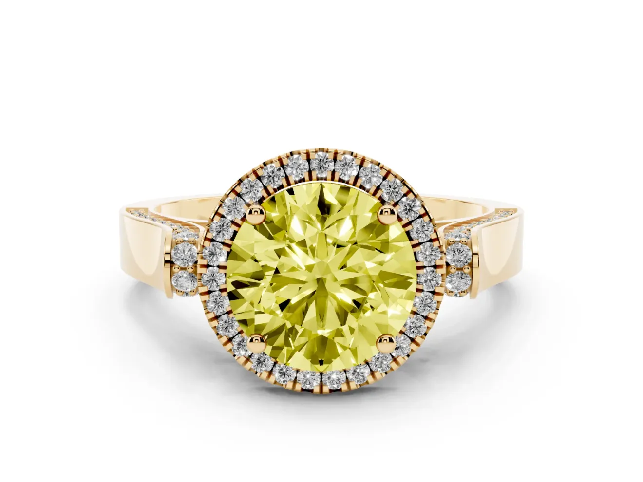Round Halo Engagement Ring Setting for a Fancy Yellow Lab-Grown Diamond | Pavé Panel Shoulders | Yellow Gold