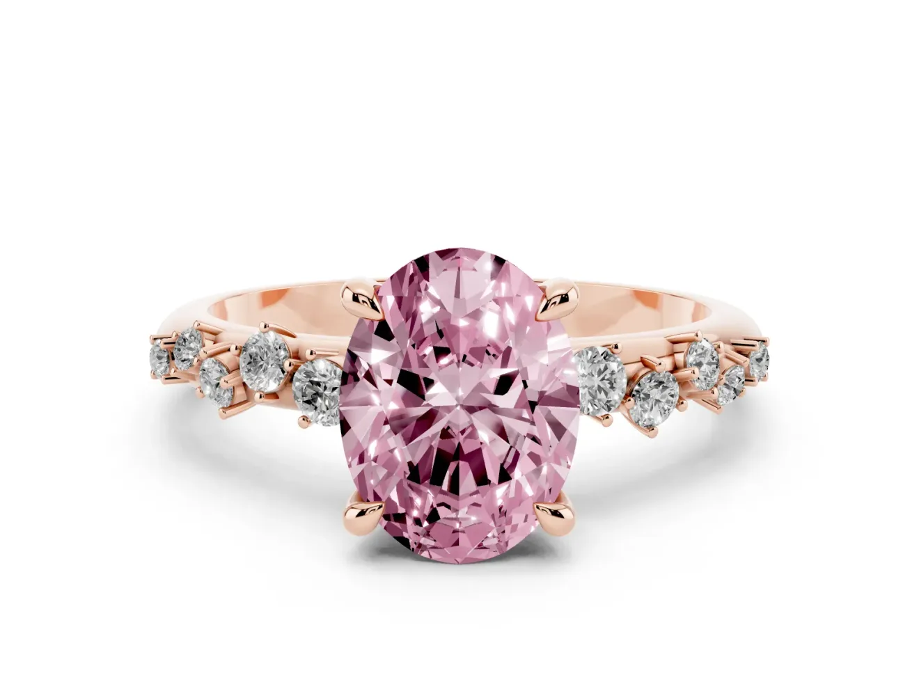 Fancy Pink Oval Cut Diamond Solitaire Vine Band Ring Set in Rose gold with Round Accents and Prong Setting