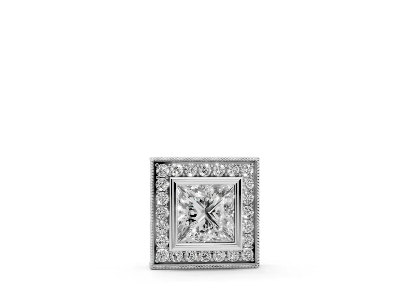 Princess Cut Lab-Grown Diamond Bezel Halo Pendant Necklace | Milgrain Edge | White Gold