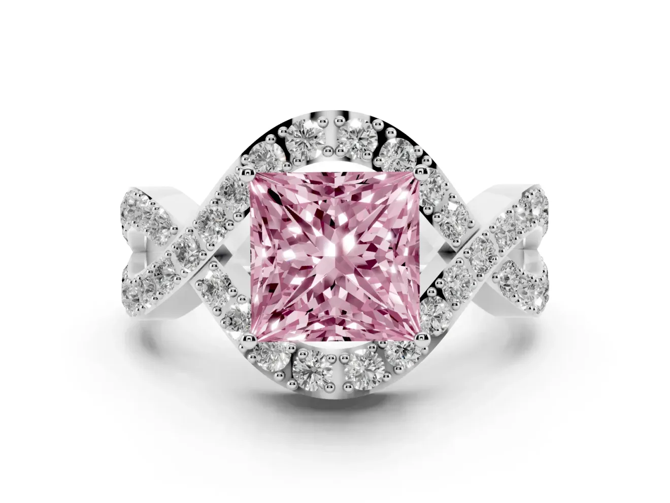 Princess Cut Infinity Twist Engagement Ring Setting for a Fancy Pink Lab-Grown Diamond | Pavé Ribbons | Sterling Silver