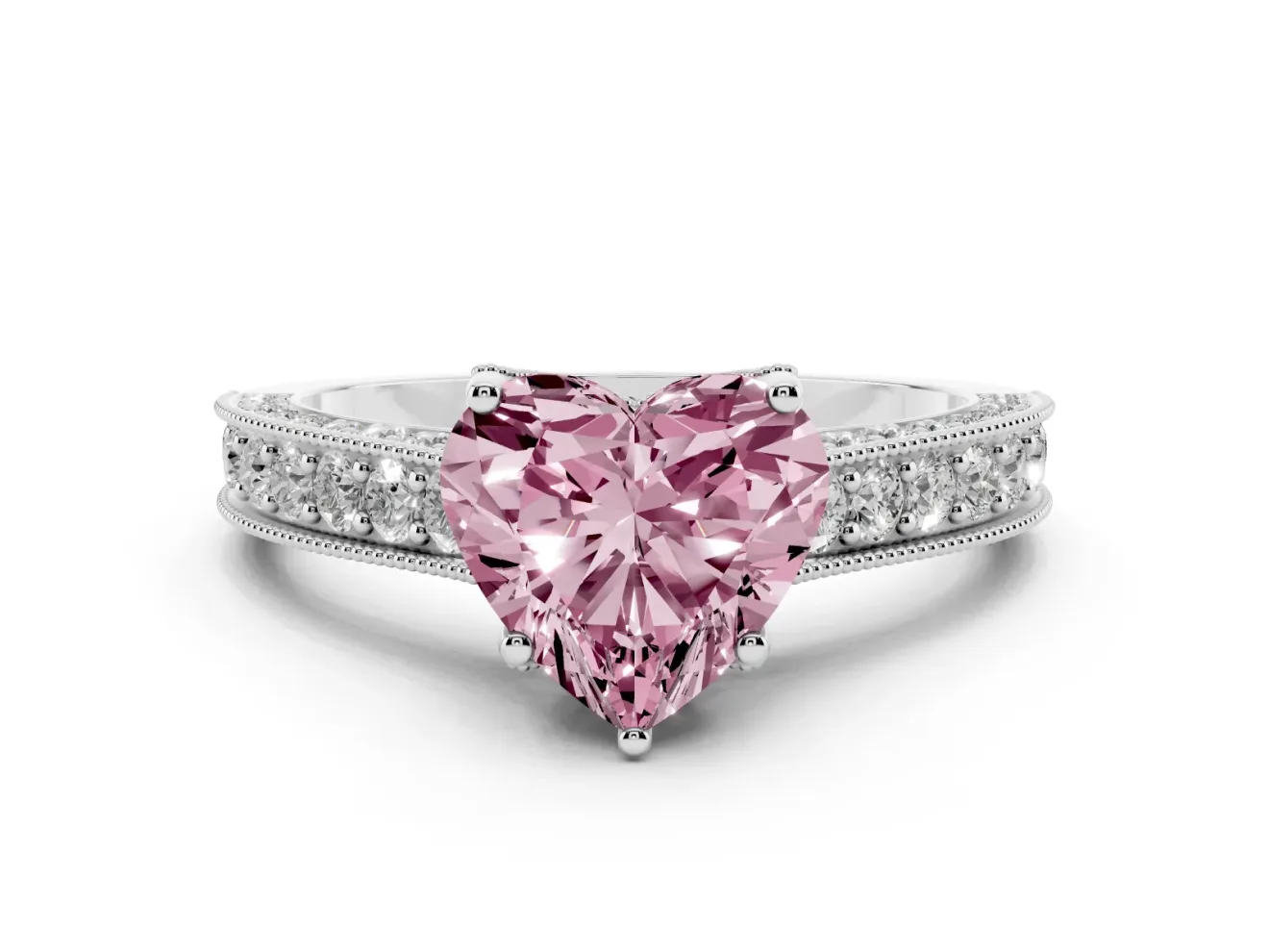 Heart-Shaped Hidden Halo Engagement Ring Setting for a Fancy Pink Lab-Grown Diamond | Milgrain Pave | Sterling Silver