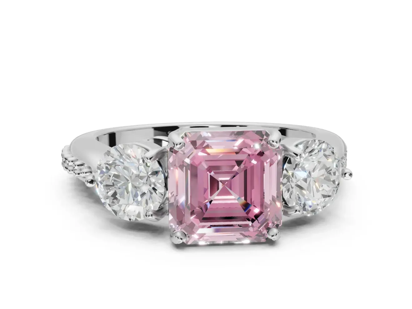 Asscher Cut Three Stone Engagement Ring Setting for a Fancy Pink Lab-Grown Diamond | Tapered Pave Band | Sterling Silver
