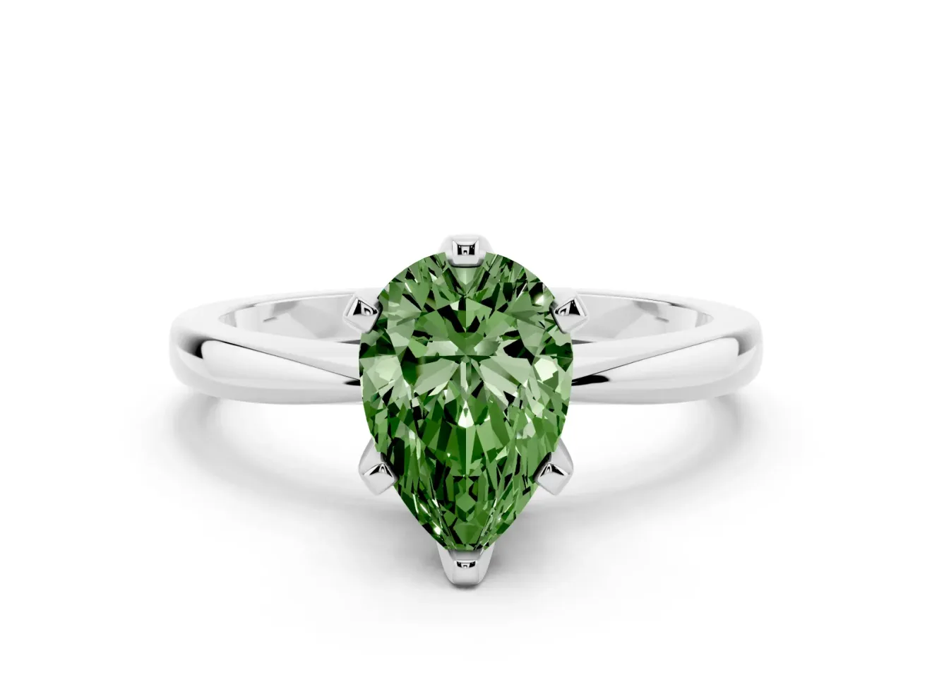 Fancy Green Pear Cut Diamond Solitaire Engagement Ring Set in Silver with Slim Tapered Solitaire Band