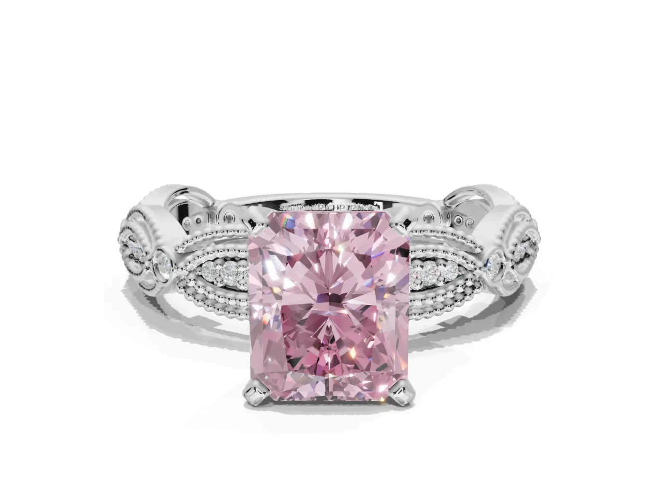 Radiant Cut Vintage Milgrain Engagement Ring Setting for a Fancy Pink Lab-Grown Diamond | Graduated Stations | Platinum