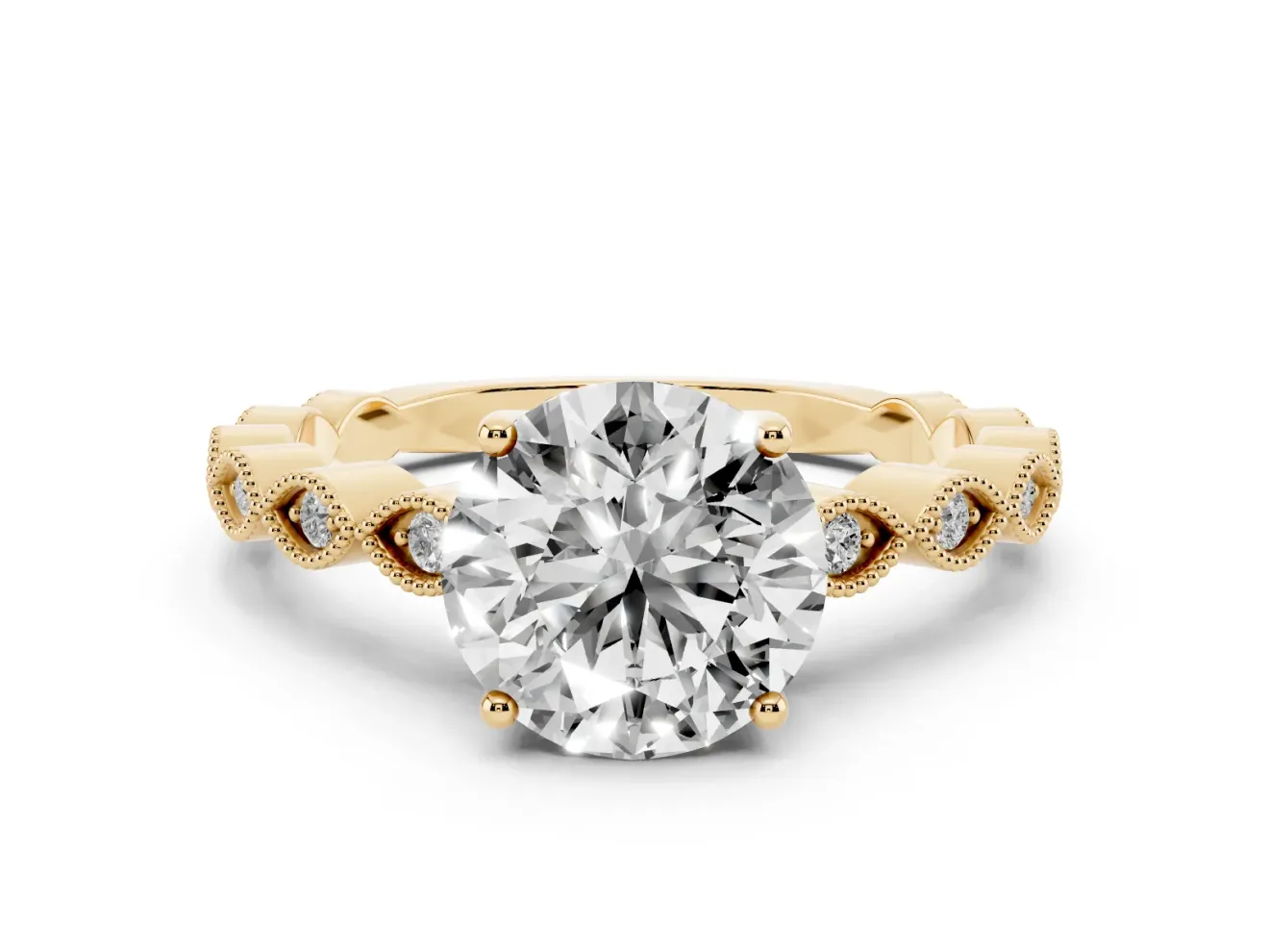Round Cut Diamond Solitaire Ring Set in Yellow gold with Infinity Twist Pavé Band