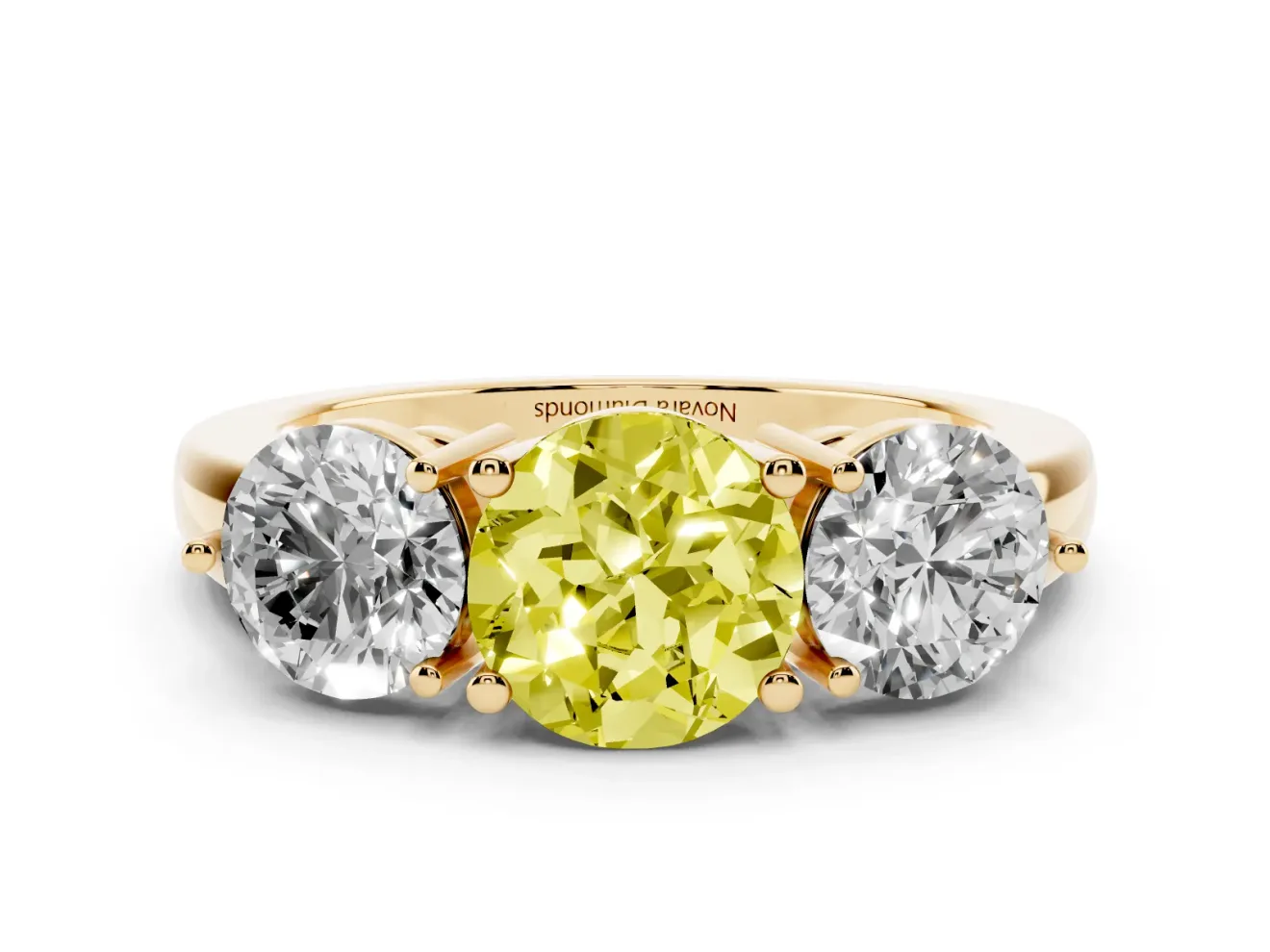Round Three Stone Engagement Ring Setting for a Fancy Yellow Lab-Grown Diamond | Large Round Side Stones | Yellow Gold