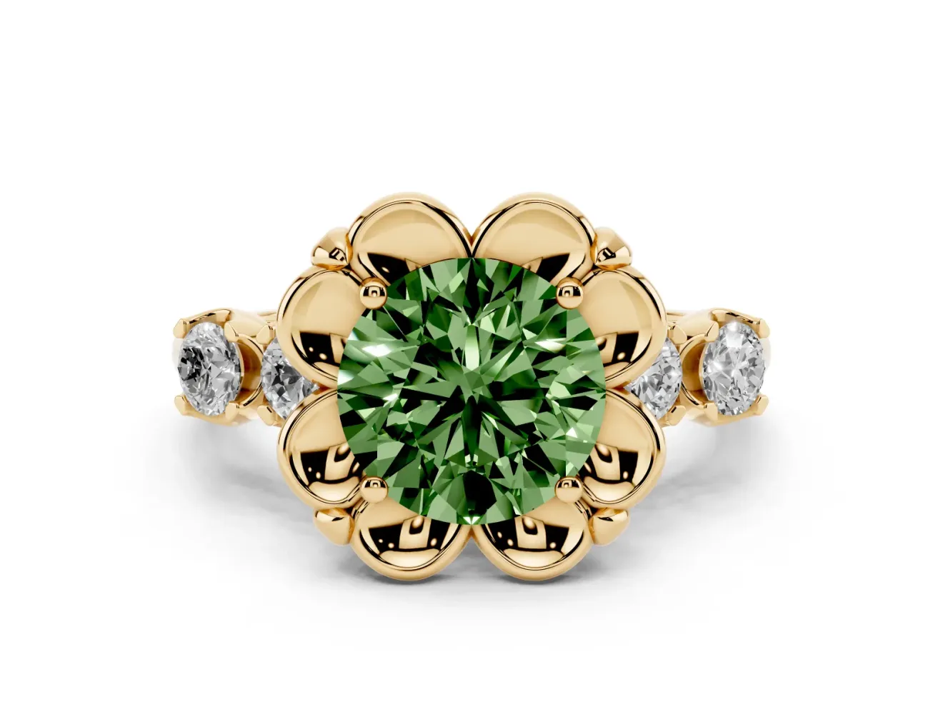 Round Floral Engagement Ring Setting for a Fancy Green Lab-Grown Diamond | Petal Frame | Yellow Gold