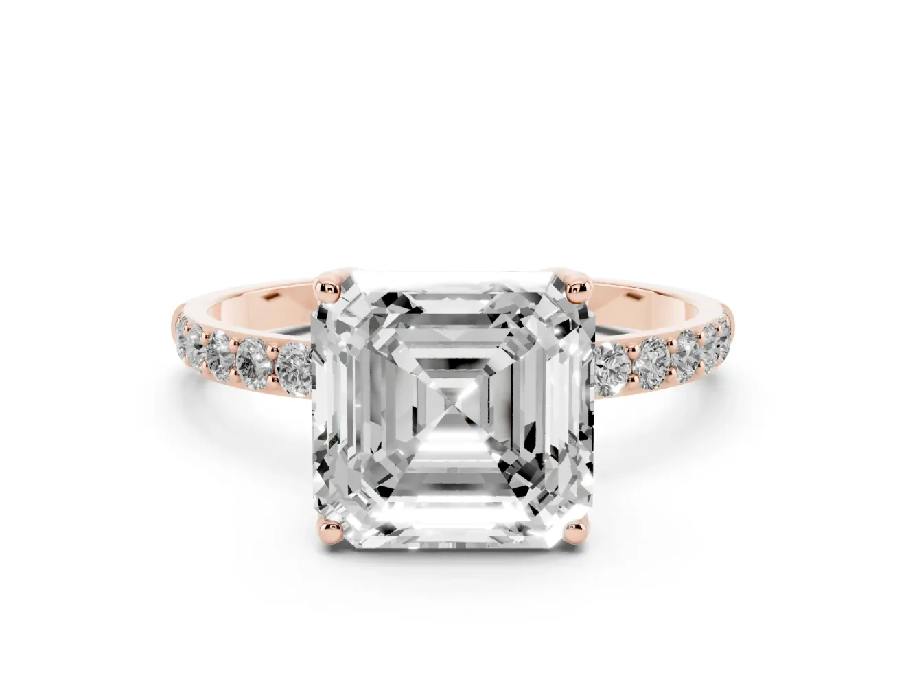 Asscher Cut Pave Solitaire Engagement Ring Setting | Fine Line Pave Band | Rose Gold