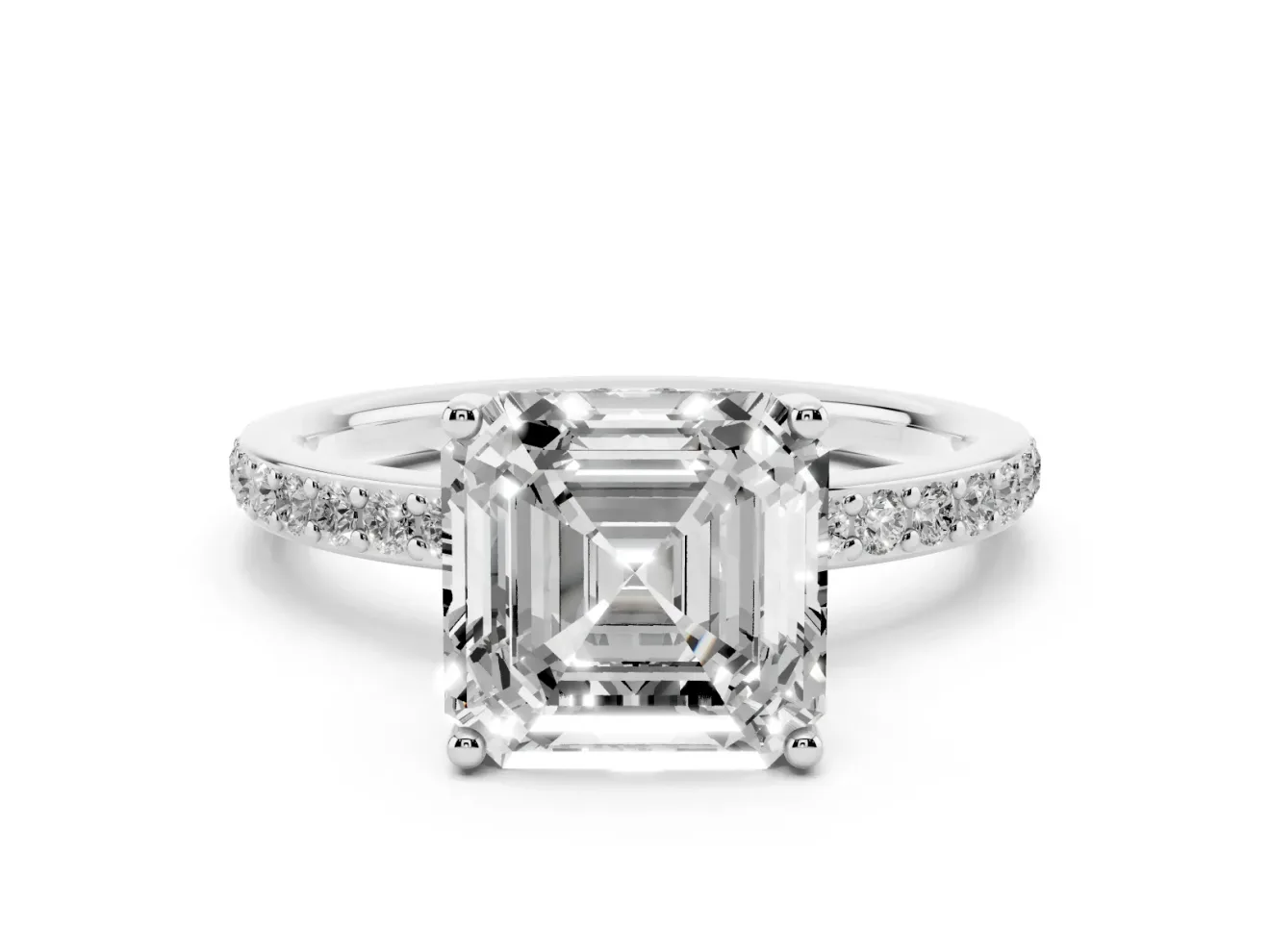 Asscher Cut Diamond Pavé Band Ring Set in Silver with Prong-Set Center Stone