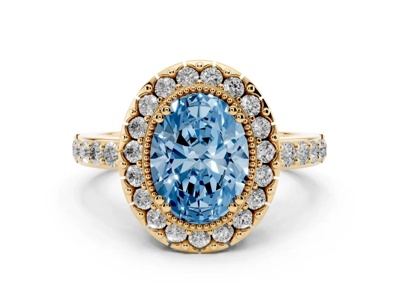 Fancy Blue Oval Cut Diamond Halo Ring Set in Yellow gold with Pavé Shank and Prong Setting