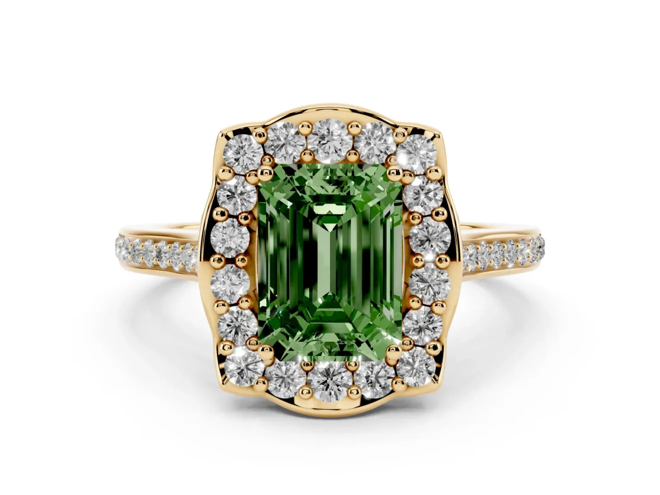 Emerald Cut Petal Tip Halo Engagement Ring Setting for a Fancy Green Lab-Grown Diamond | Pavé Band | Yellow Gold