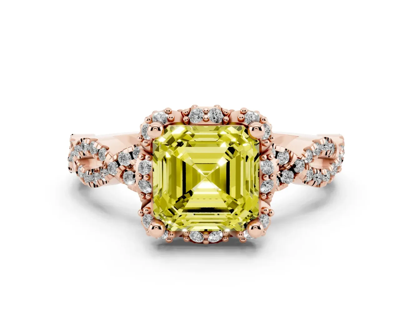Fancy Yellow Asscher Cut Diamond Halo Twist Band Solitaire Ring Set in Rose gold with Prong-Set Center Stone