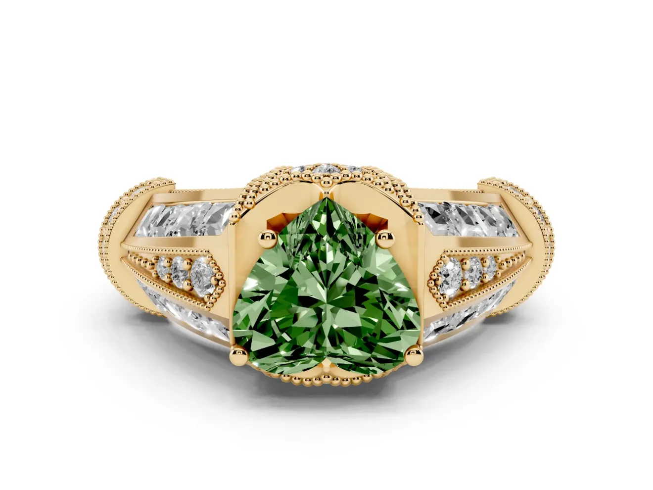 Fancy Green Heart Cut Diamond Vintage-Inspired Milgrain Ring Set in Yellow gold with Accent Split Shank