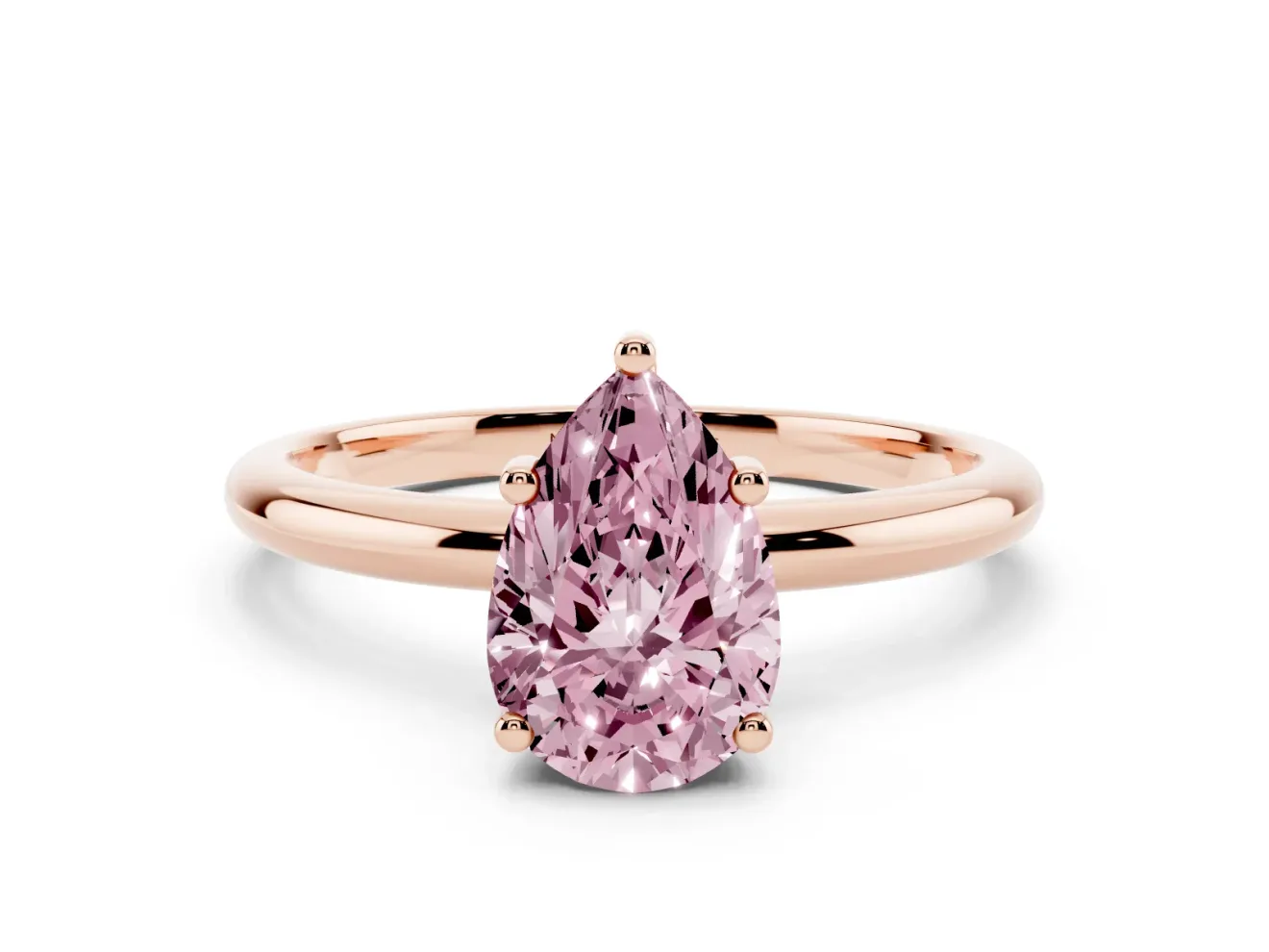 Fancy Pink Pear Cut Diamond Solitaire Engagement Ring Set in Rose gold with Prong Setting and Polished Band
