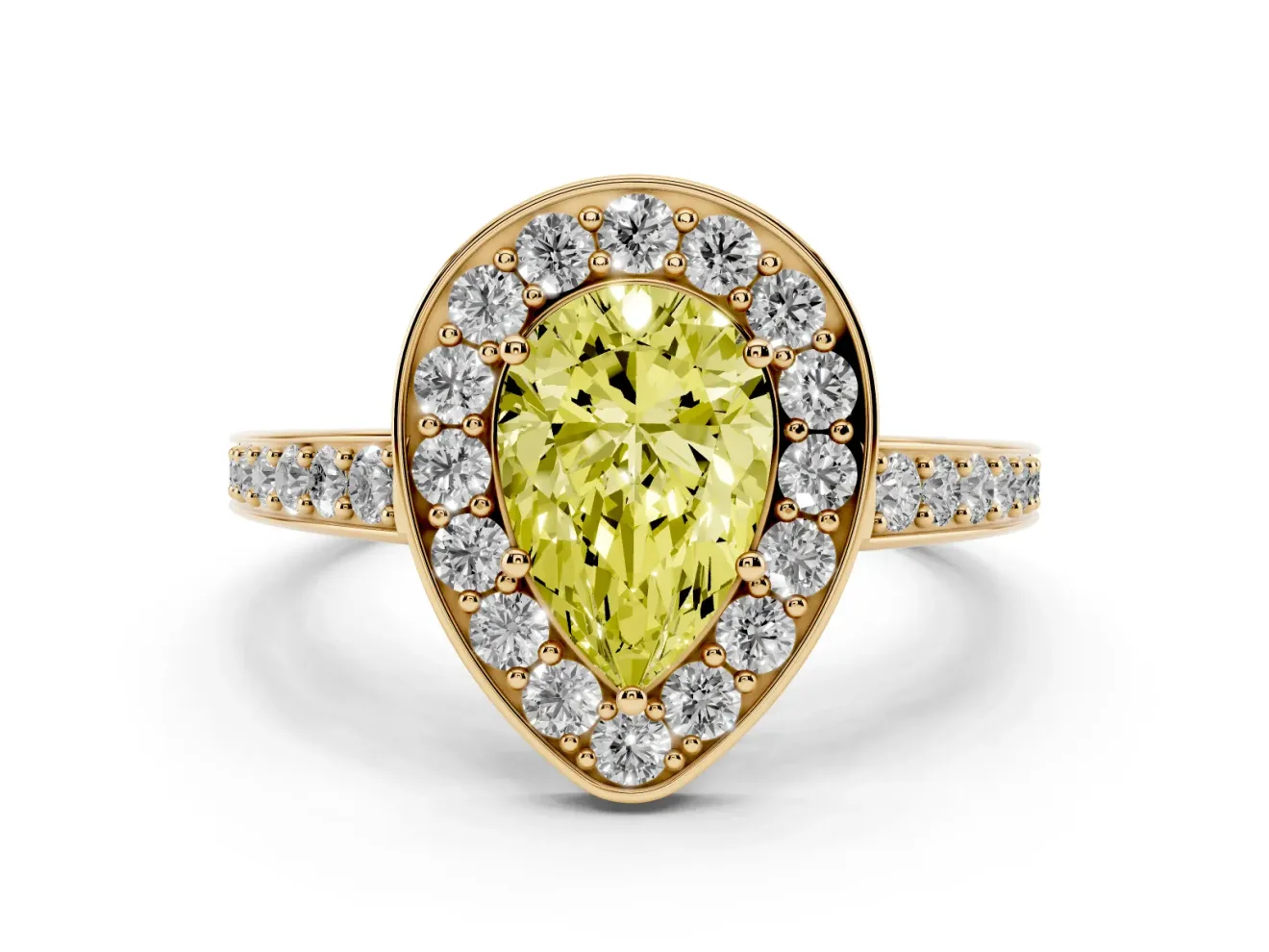 Fancy Yellow Pear Cut Diamond Halo Pavé Engagement Ring Set in Yellow gold with Bezel Setting