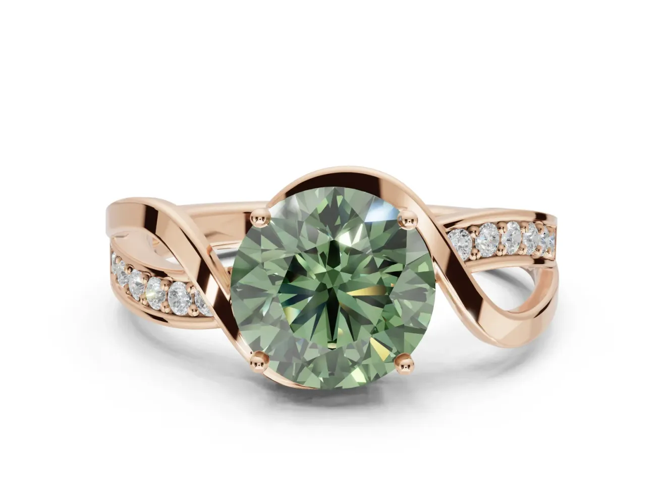 Round Bypass Solitaire Engagement Ring Setting for a Fancy Green Lab-Grown Diamond | Pavé and Plain Strands | Rose Gold