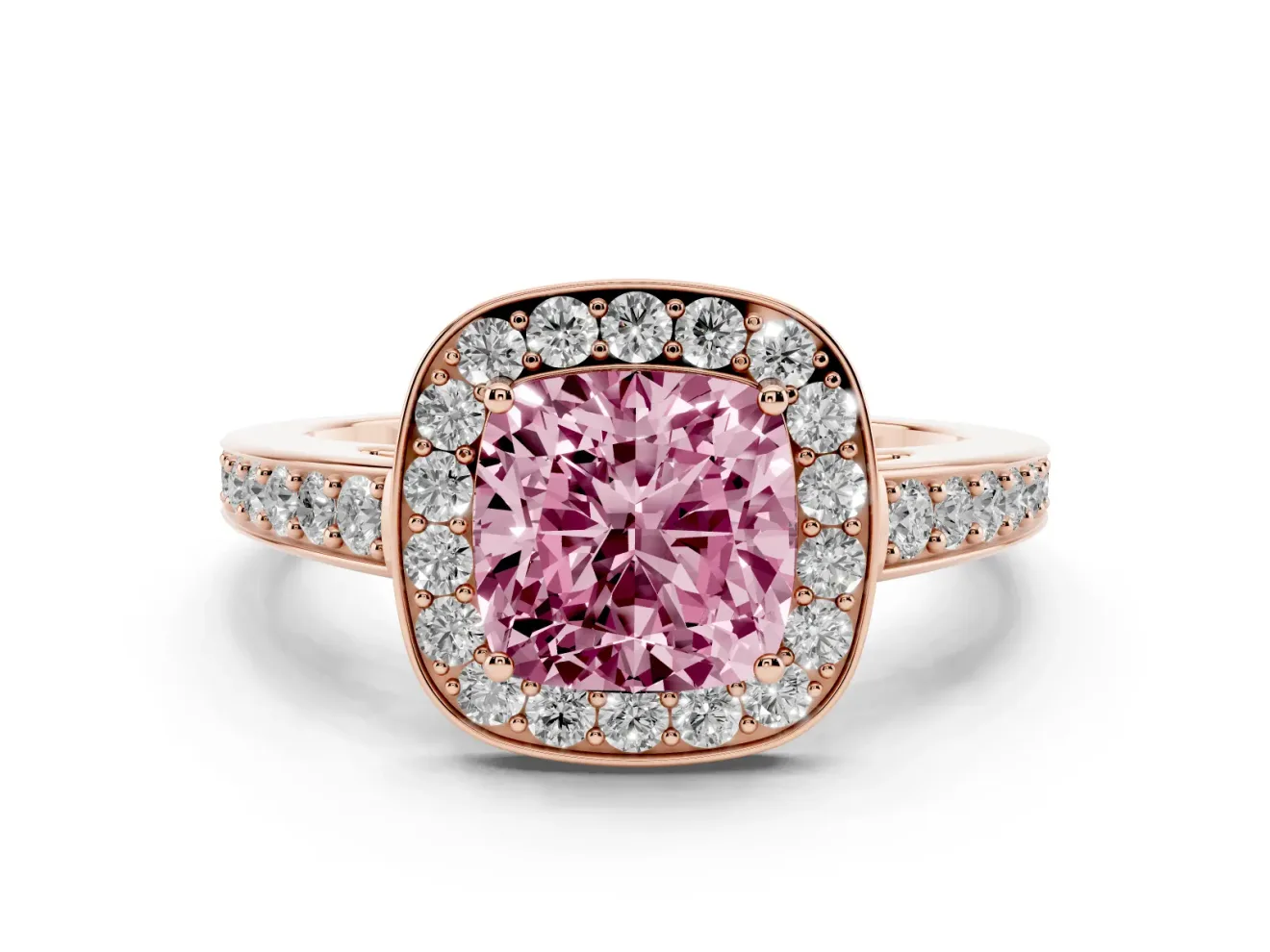 Fancy Pink Cushion Cut Diamond Halo Pavé Engagement Ring Set in Rose gold with Bezel Setting