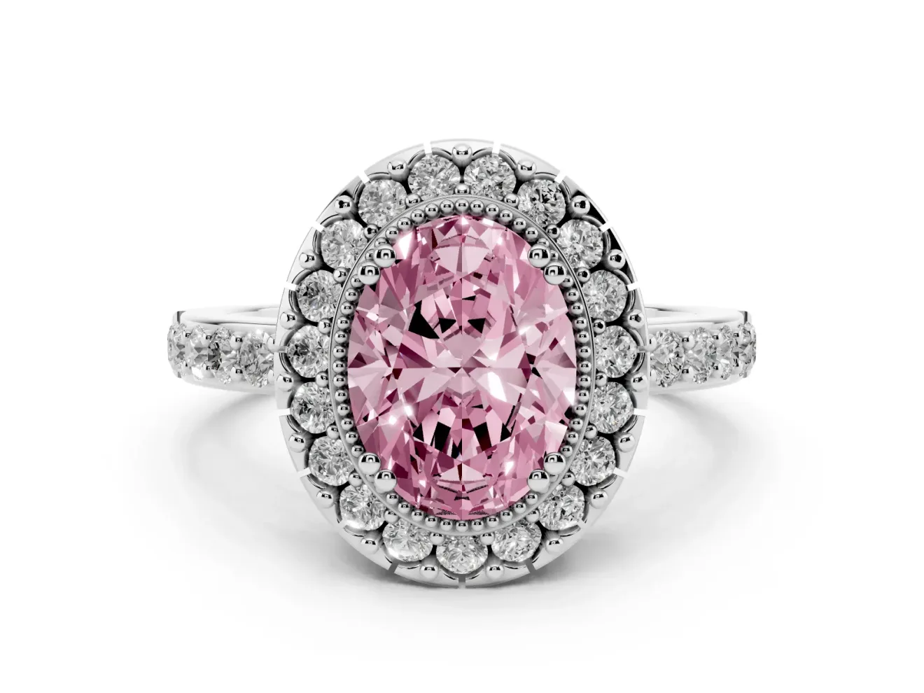 Oval Milgrain Halo Engagement Ring Setting for a Fancy Pink Lab-Grown Diamond | Pavé Shoulders | Sterling Silver