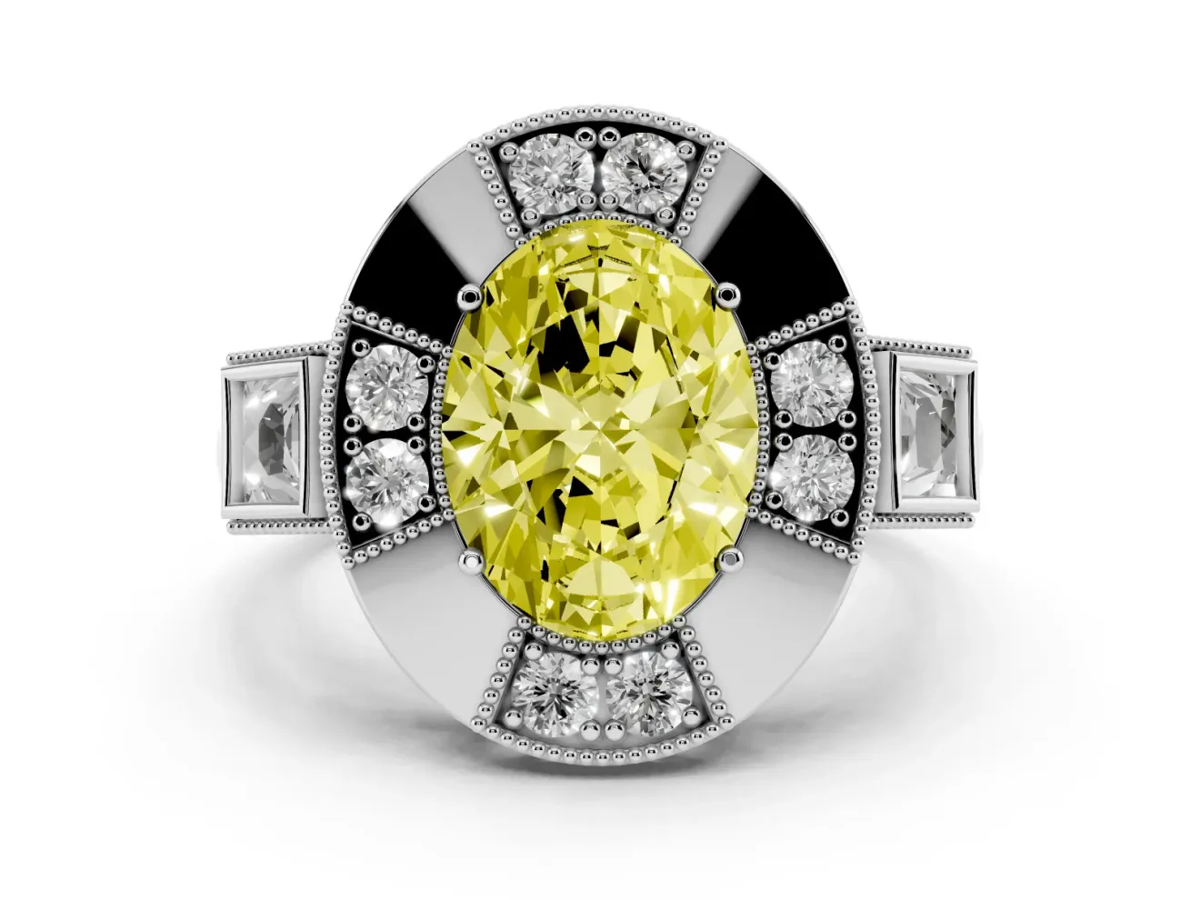 Fancy Yellow Oval Cut Diamond Milgrain Halo Ring Set in Platinum with Split Shank