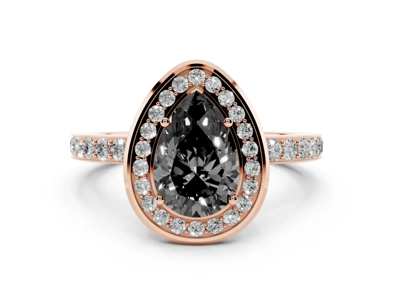 Pear-Shaped Bezel-Rim Halo Engagement Ring Setting for a Black Center | Pavé Band | Rose Gold