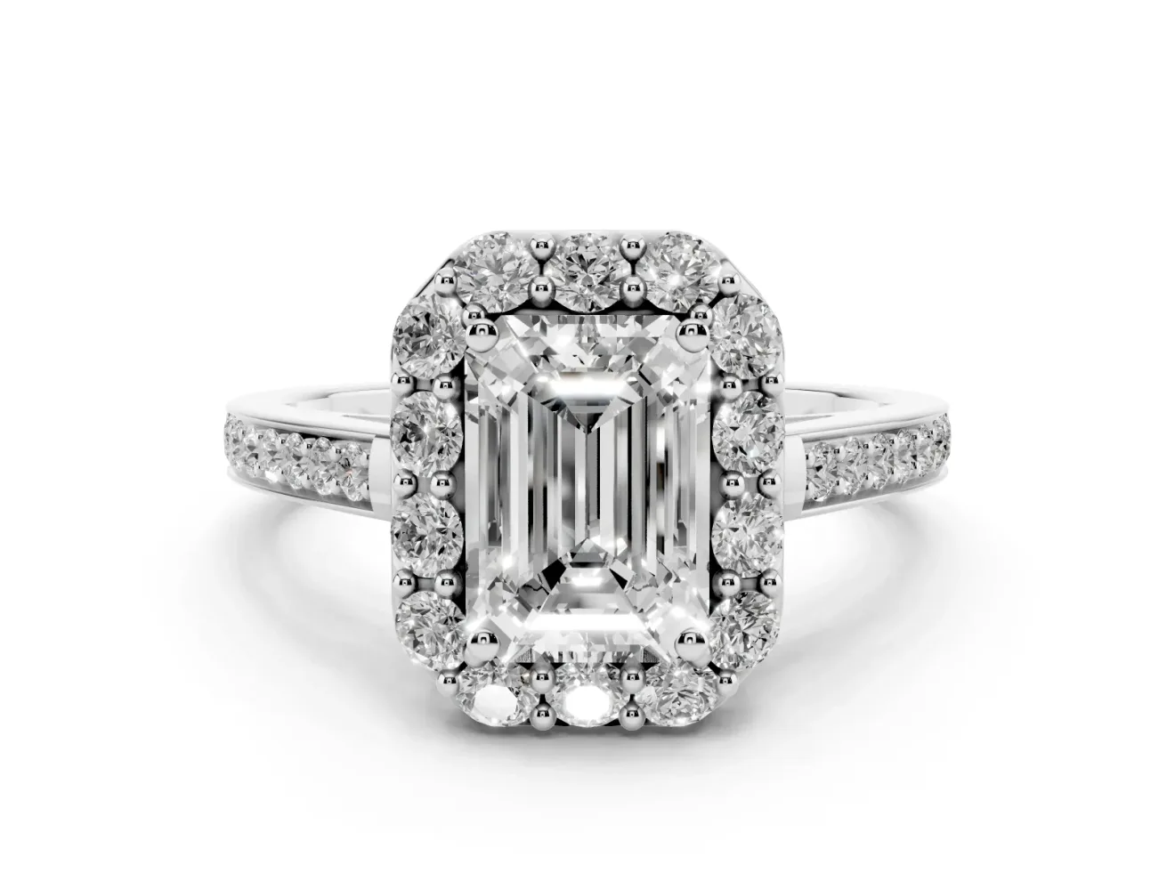 Emerald Cut Diamond Floral Halo Ring Set in Platinum with Pavé Band and Prong Setting