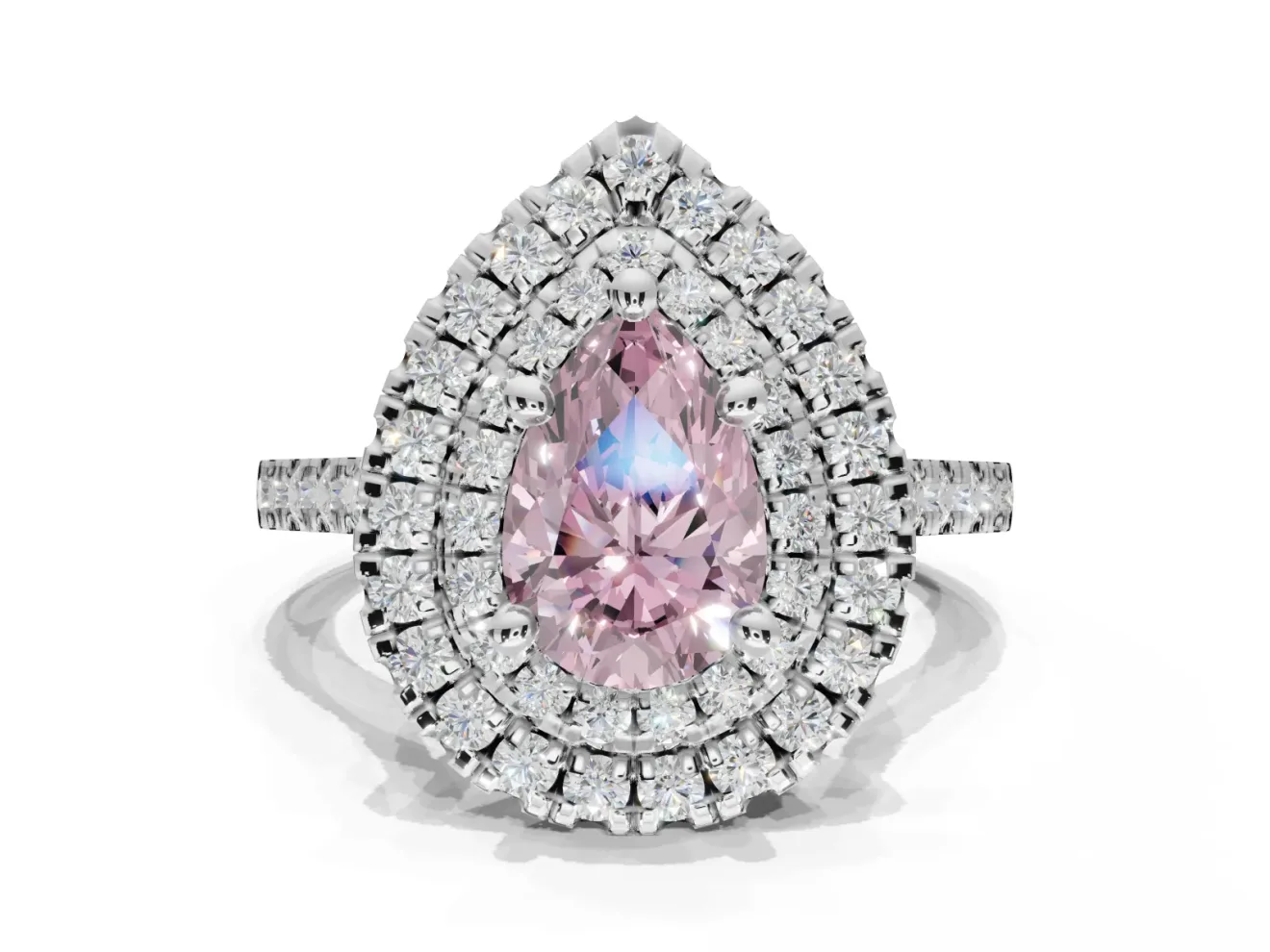 Fancy Pink Pear-Shaped Lab-Grown Diamond Double Halo Statement Ring Set in Platinum with Pavé Band