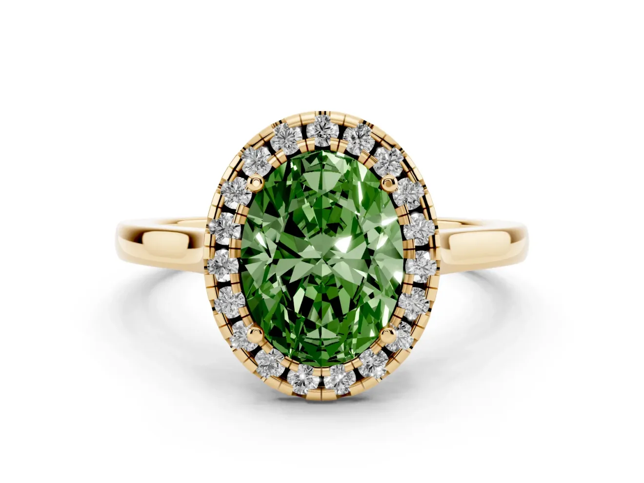 Oval Halo Engagement Ring Setting for a Fancy Green Lab-Grown Diamond | Flat Tapered Band | Yellow Gold
