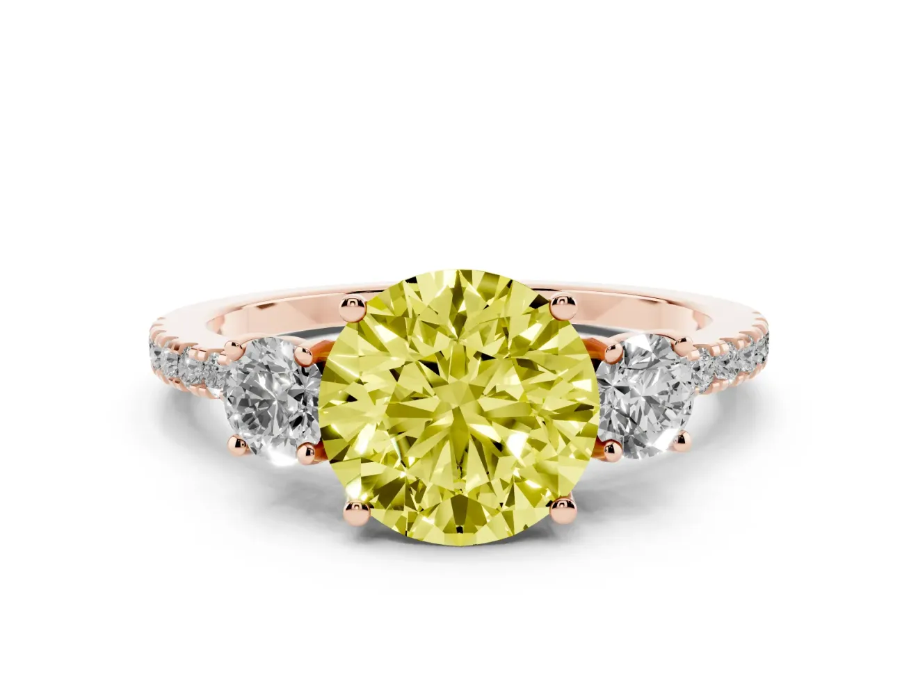 Fancy Yellow Round Cut Diamond Three-Stone Ring Set in Rose gold with Pavé Band and Graduated Sides