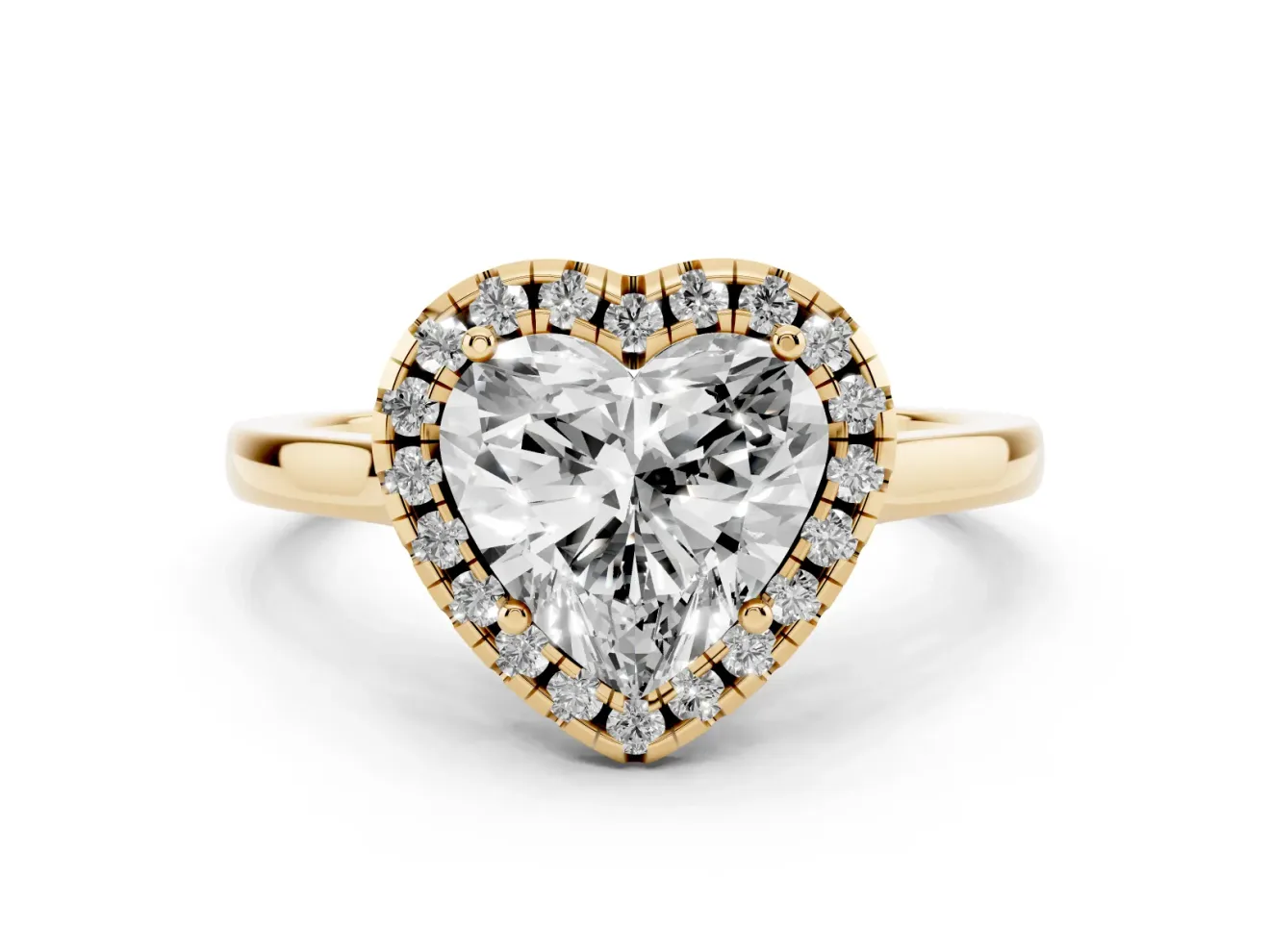 Heart Cut Halo Round Diamond Solitaire Ring Set in Yellow gold with Pavé Band and Prong Setting