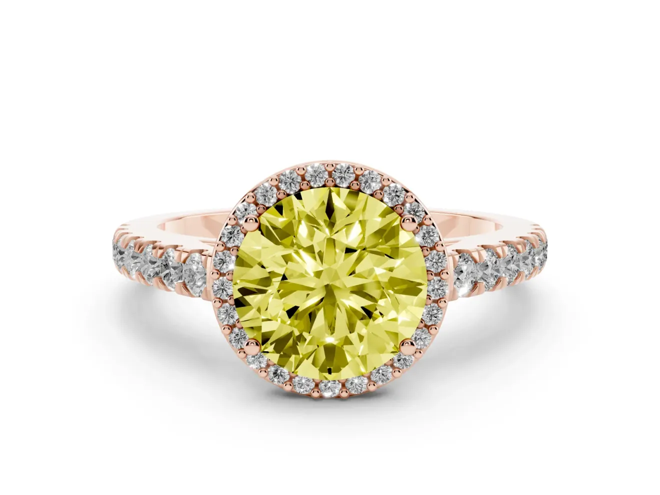 Fancy Yellow Round Cut Diamond Halo Engagement Ring Set in Rose gold with Pavé Band and Prong Setting