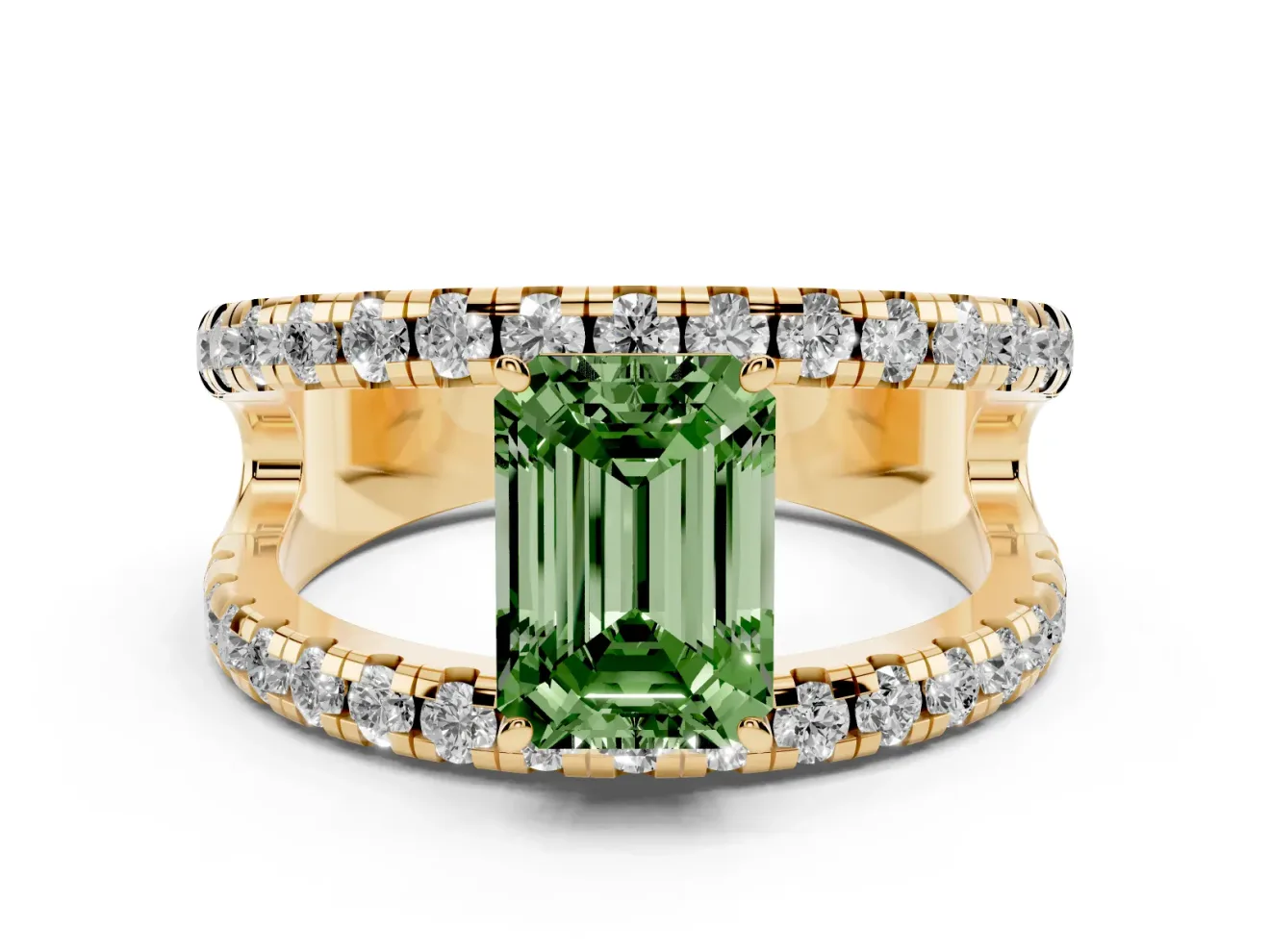 Emerald Cut Split Shank Pavé Engagement Ring Setting for a Fancy Green Lab-Grown Diamond | Yellow Gold