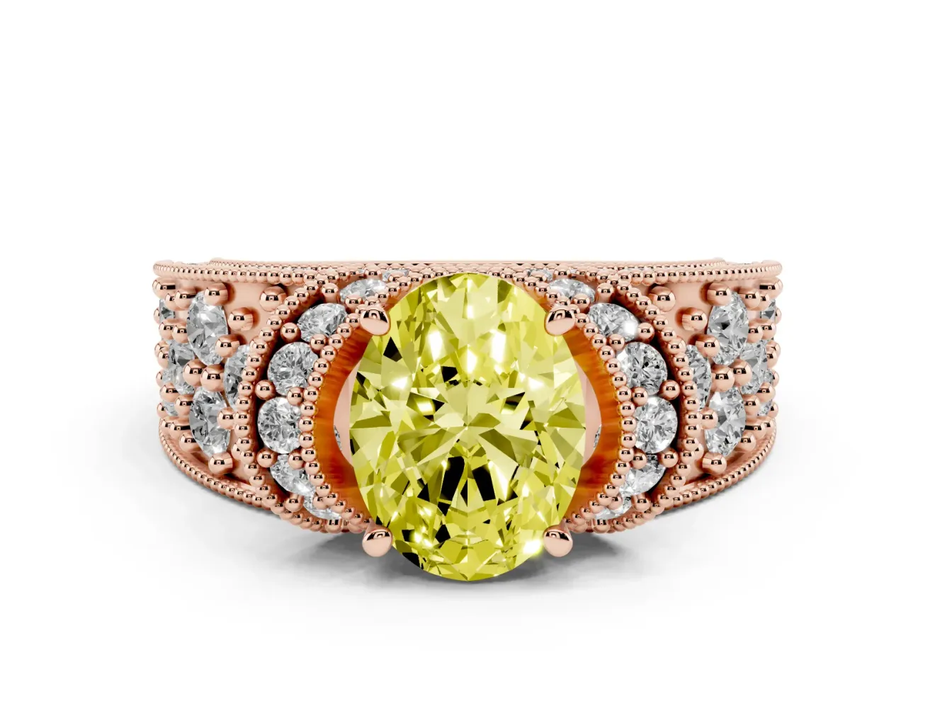 Oval Vintage Milgrain Pave Engagement Ring Setting for a Fancy Yellow Lab-Grown Diamond | Crescent Side Rows | Rose Gold