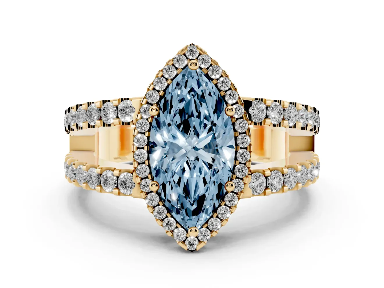 Marquise Halo Split Shank Engagement Ring Setting for a Fancy Blue Lab-Grown Diamond | Yellow Gold