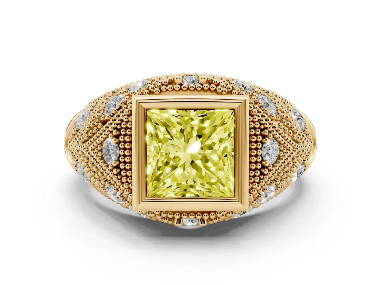 Fancy Yellow Princess Cut Diamond Bezel Ring Set in Yellow gold with Milgrain Accent Band