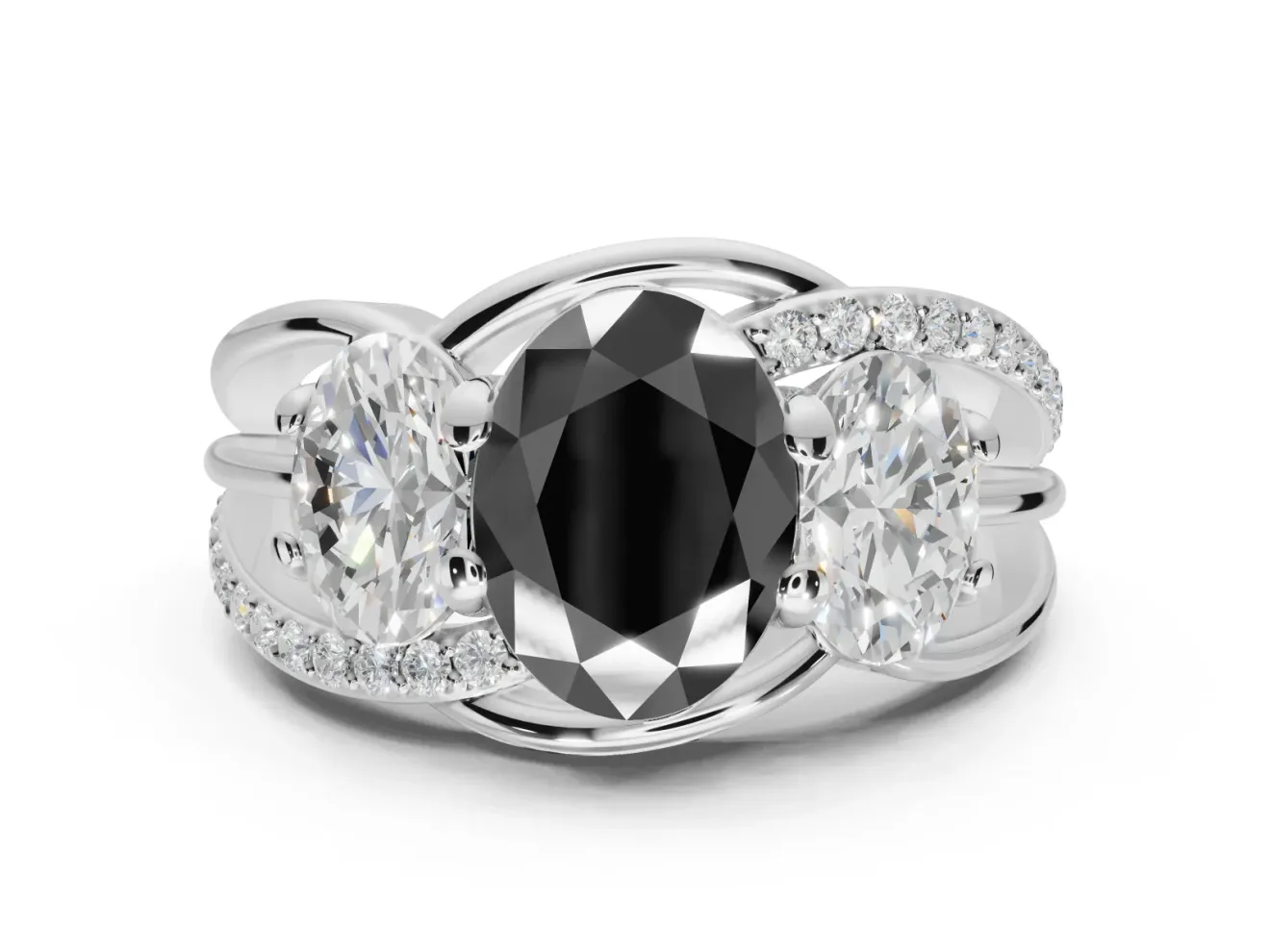 Oval Three Stone Split Shank Engagement Ring Setting for a Black Center | Matching Sides | Platinum