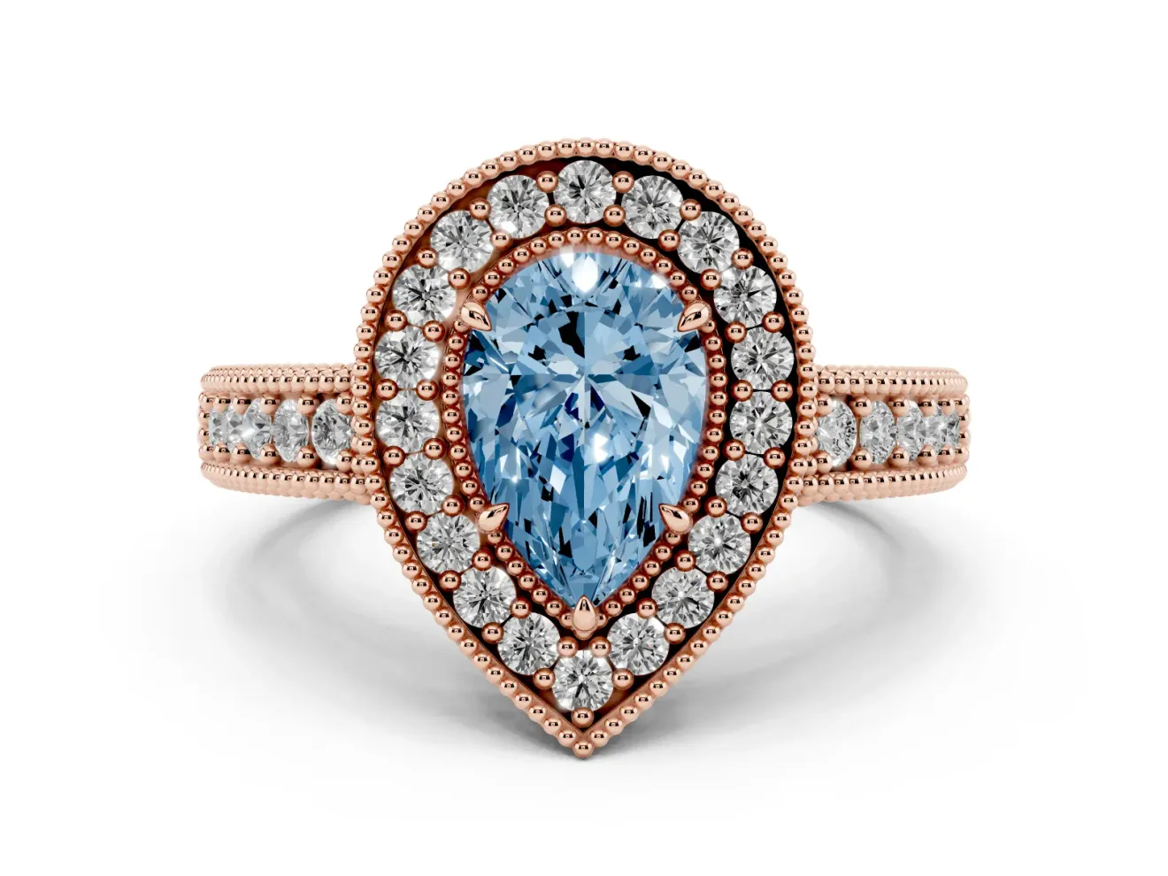 Fancy Blue Pear Cut Diamond Halo Ring Set in Rose gold with Round Accent Halo, Pavé Band and Prong Setting