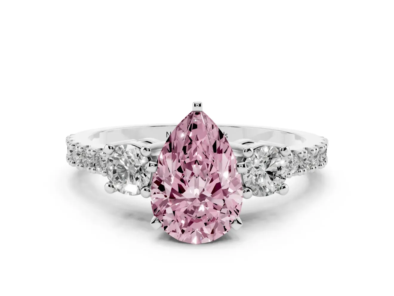 Pear-Shaped Three Stone Pavé Engagement Ring Setting for a Fancy Pink Lab-Grown Diamond | Round Side Stones | White Gold