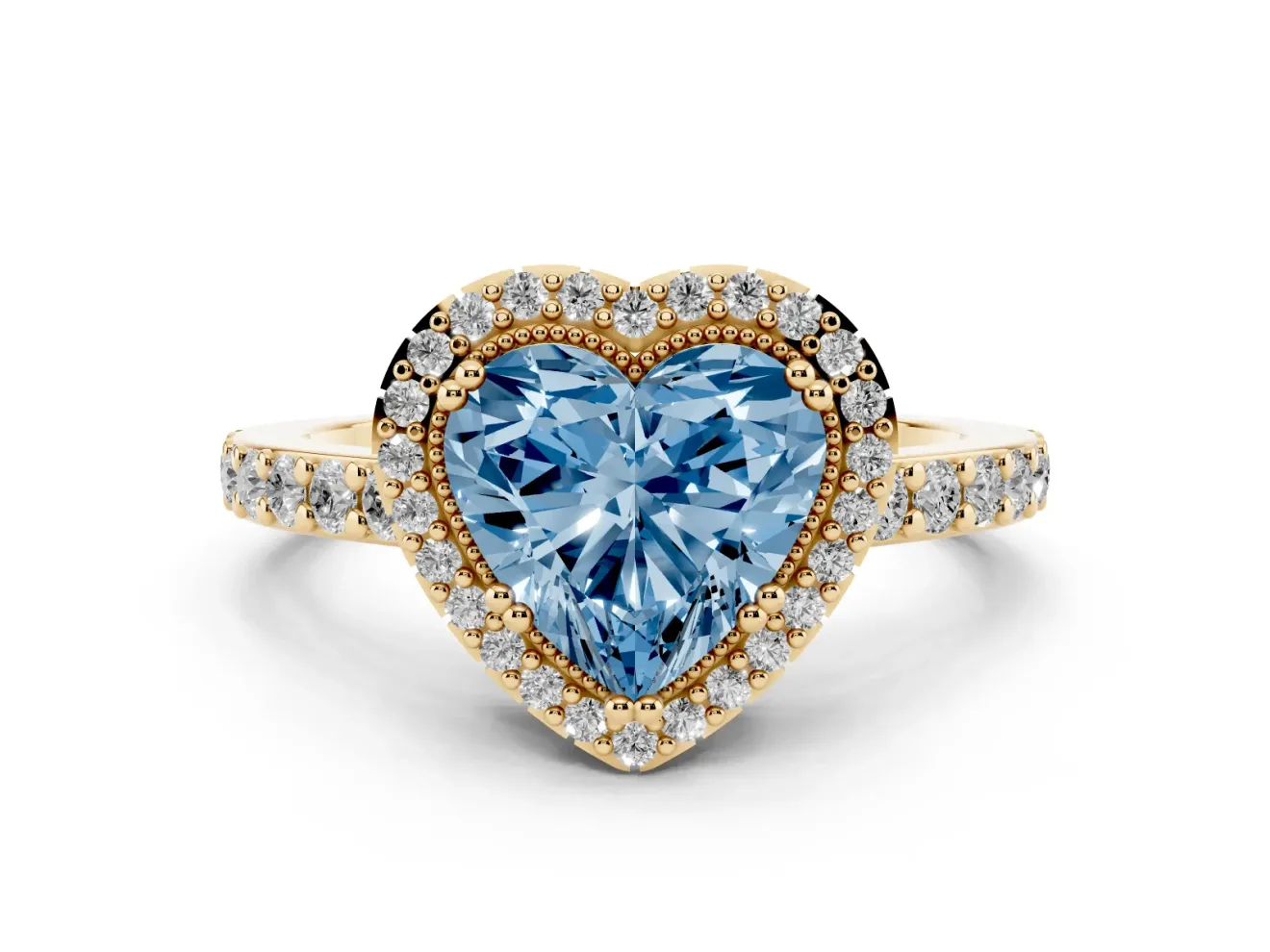 Fancy Blue Heart Cut Diamond Halo Engagement Ring Set in Yellow gold with Milgrain Detail and Pavé Band