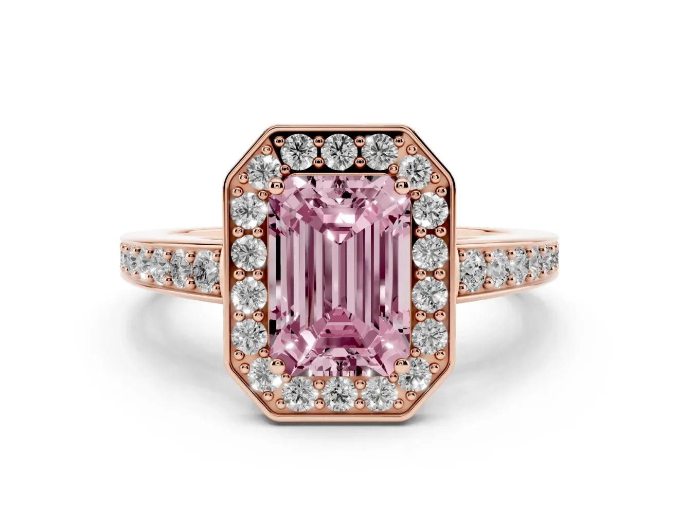 Fancy Pink Emerald Cut Diamond Halo Pavé Engagement Ring Set in Rose gold with Bezel Setting