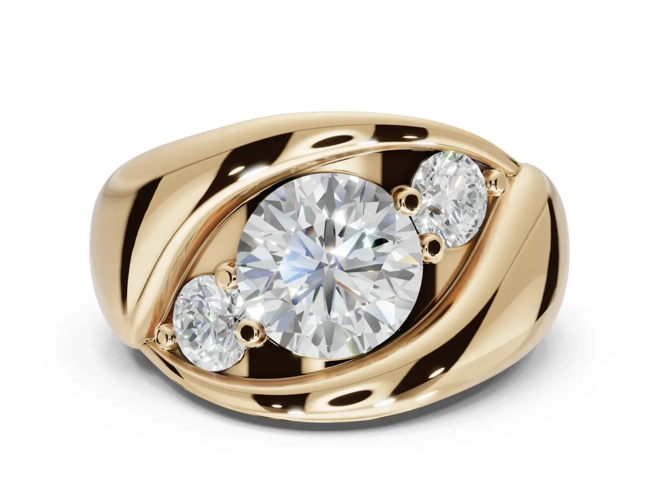 Round Three Stone Bypass Engagement Ring Setting | Sculpted Crossover Band | Yellow Gold