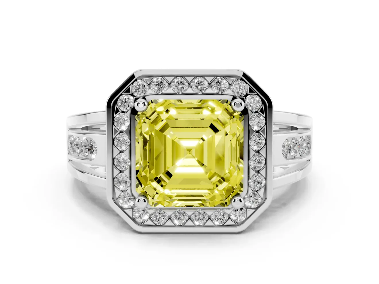 Asscher Cut Halo Engagement Ring Setting for a Fancy Yellow Lab-Grown Diamond | Channel-Set Split Shank | Platinum