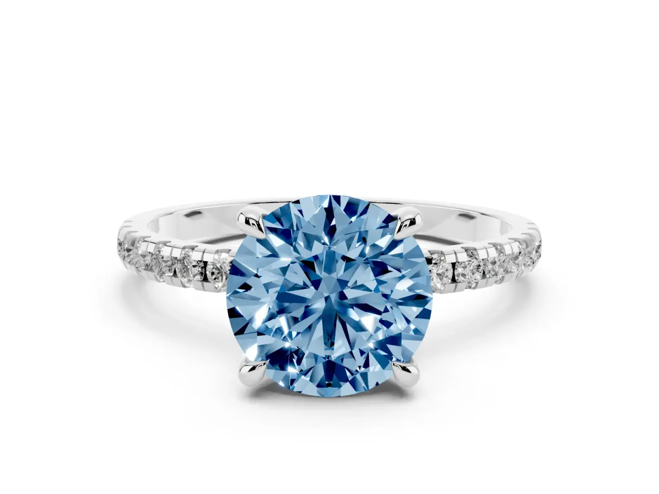 Fancy Blue Round Cut Diamond Brilliant Solitaire Ring Set in White gold with Pavé Band and Prong Setting