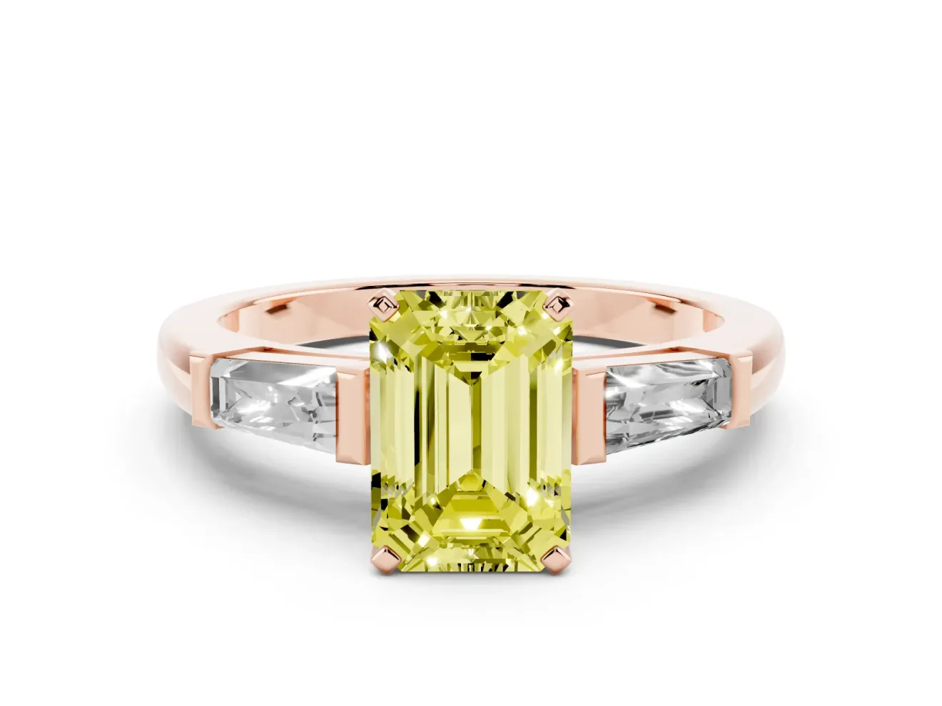 Fancy Yellow Emerald Cut Diamond Solitaire Ring Set in Rose gold with Tapered Baguette Side Stones and Prong Setting