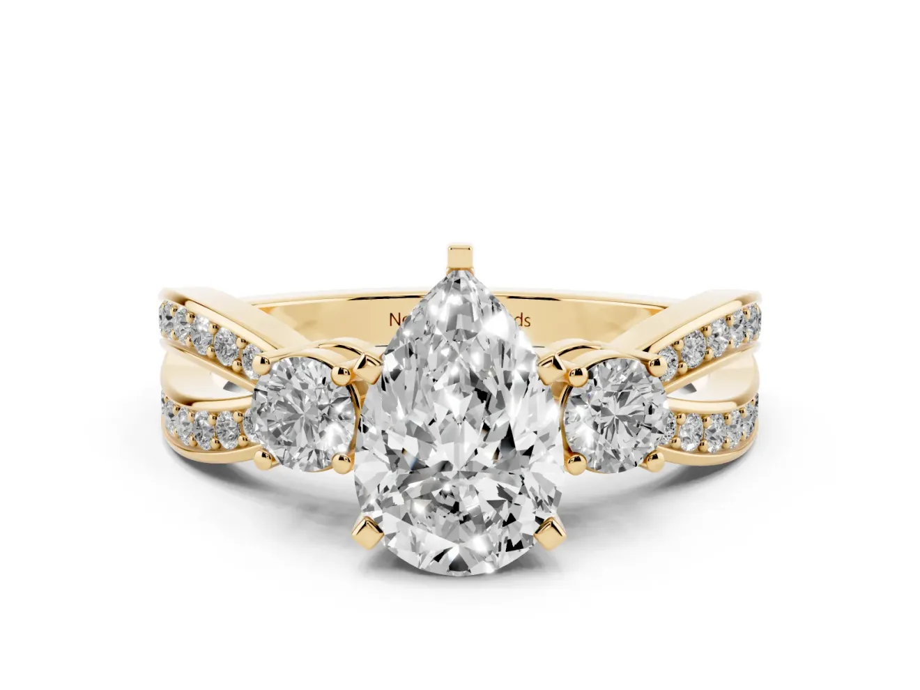 Pear-Shaped Three-Stone Pavé Twist Engagement Ring Setting | Split Shank | Yellow Gold