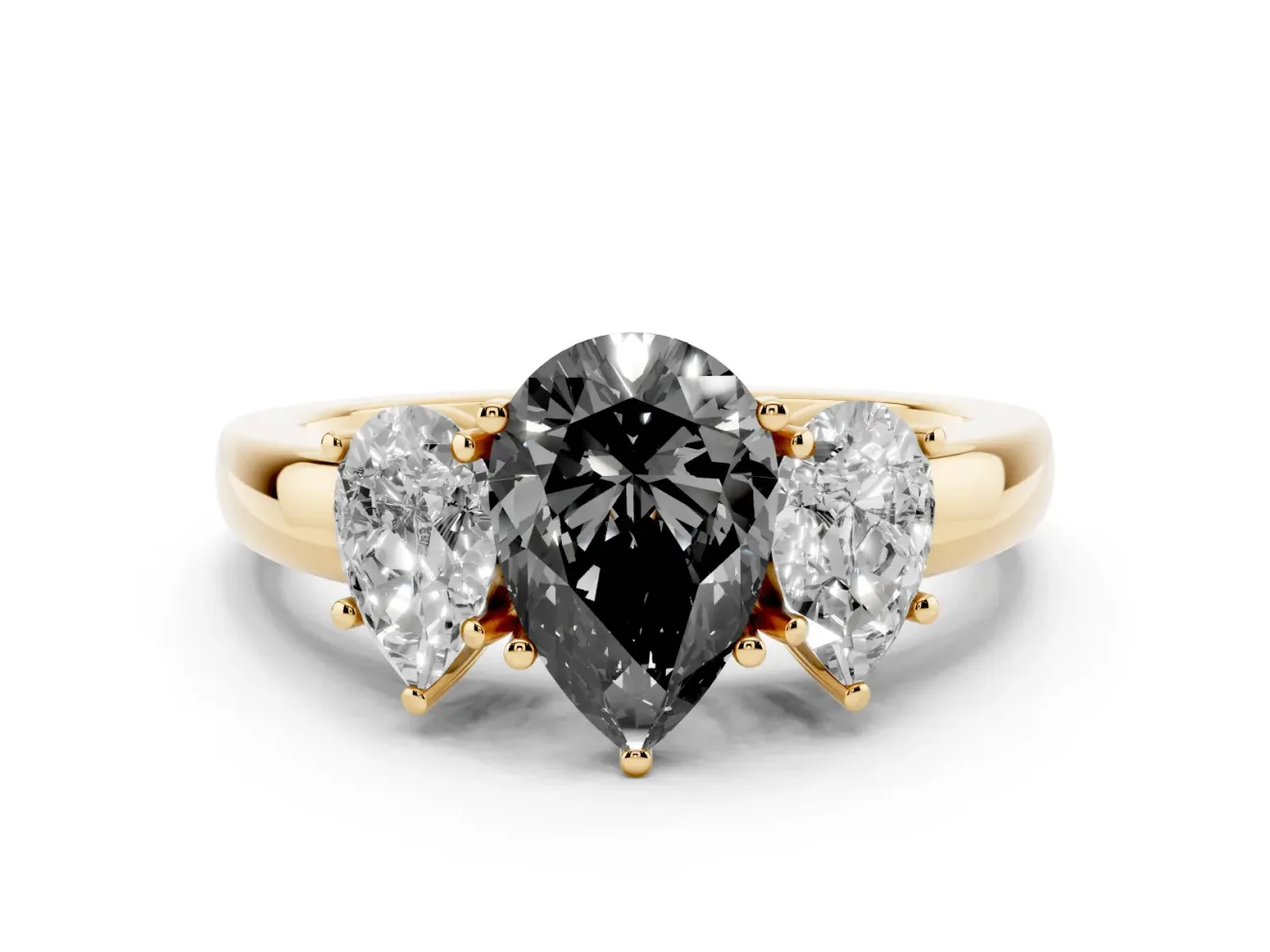 Pear-Shaped Three Stone Engagement Ring Setting for a Black Center | Plain Band | Yellow Gold