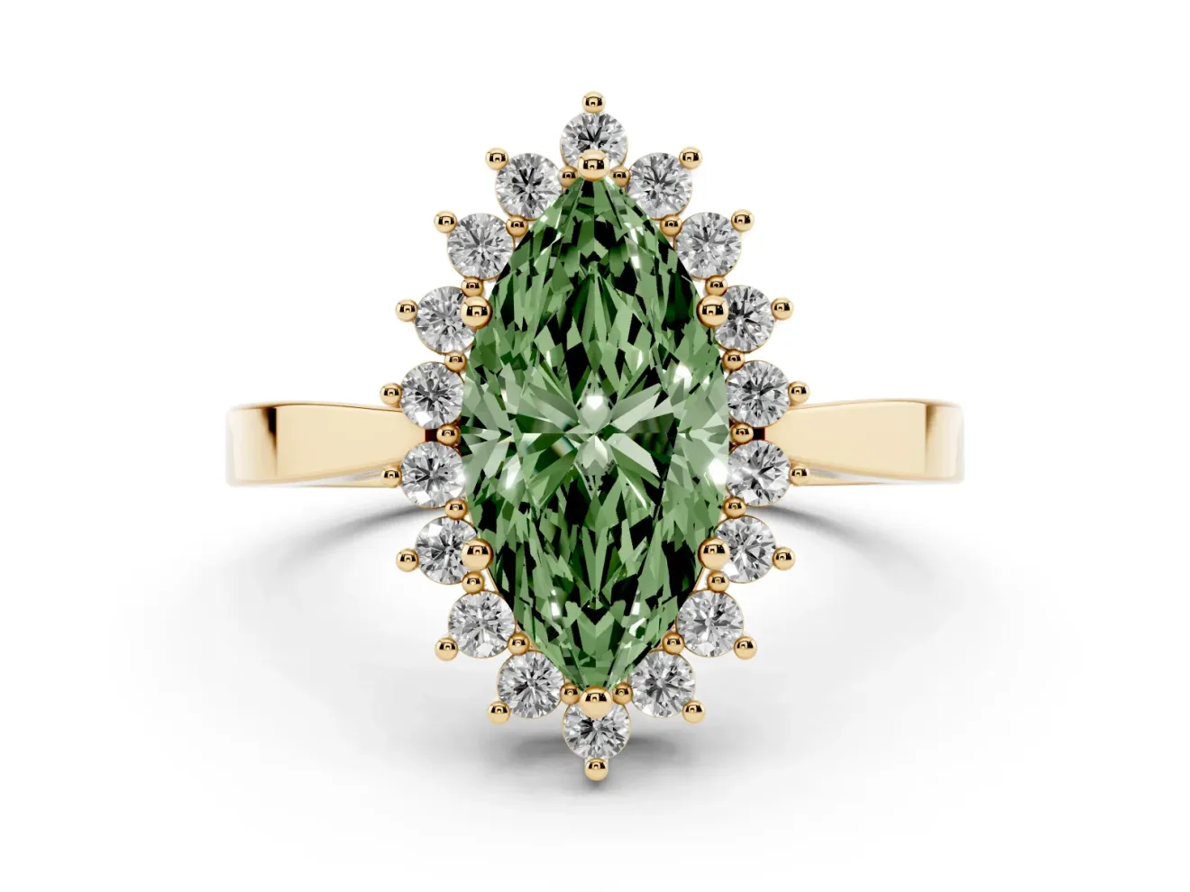Fancy Green Marquise Cut Diamond Halo Ring Set in Yellow gold with Round Halo and Smooth Solitaire Band