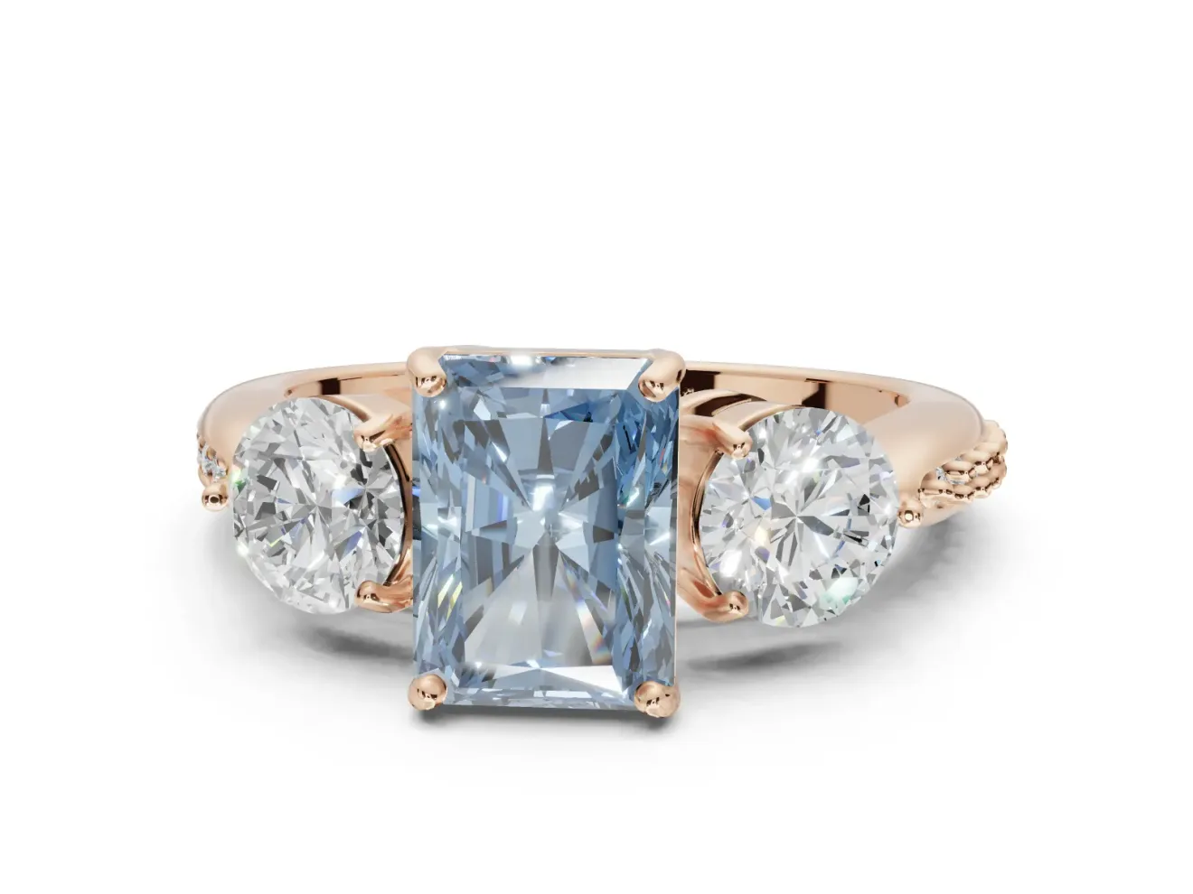 Radiant Cut Three Stone Engagement Ring Setting for a Fancy Blue Lab-Grown Diamond | Tapered Pave Band | Rose Gold