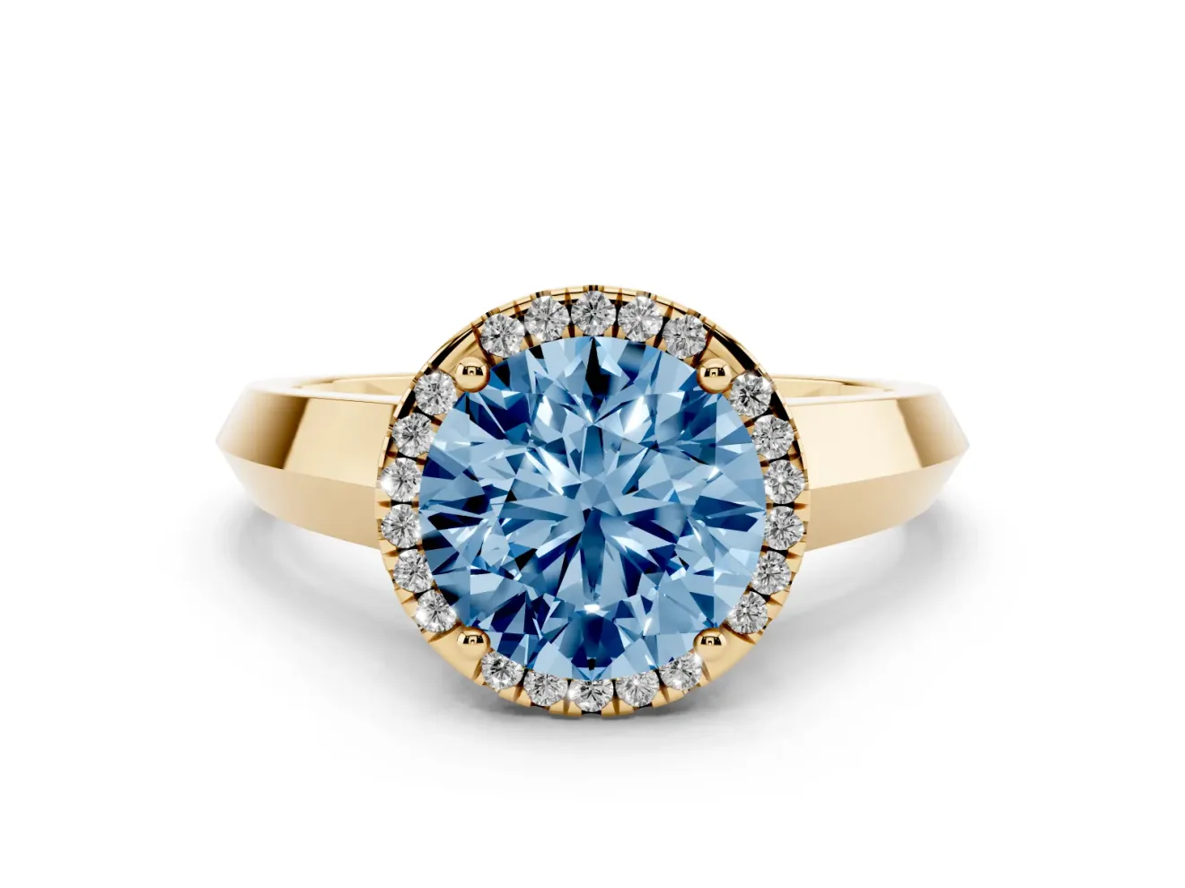 Fancy Blue Round Cut Diamond Halo Ring Set in Yellow gold with Cathedral Band and Prong Setting